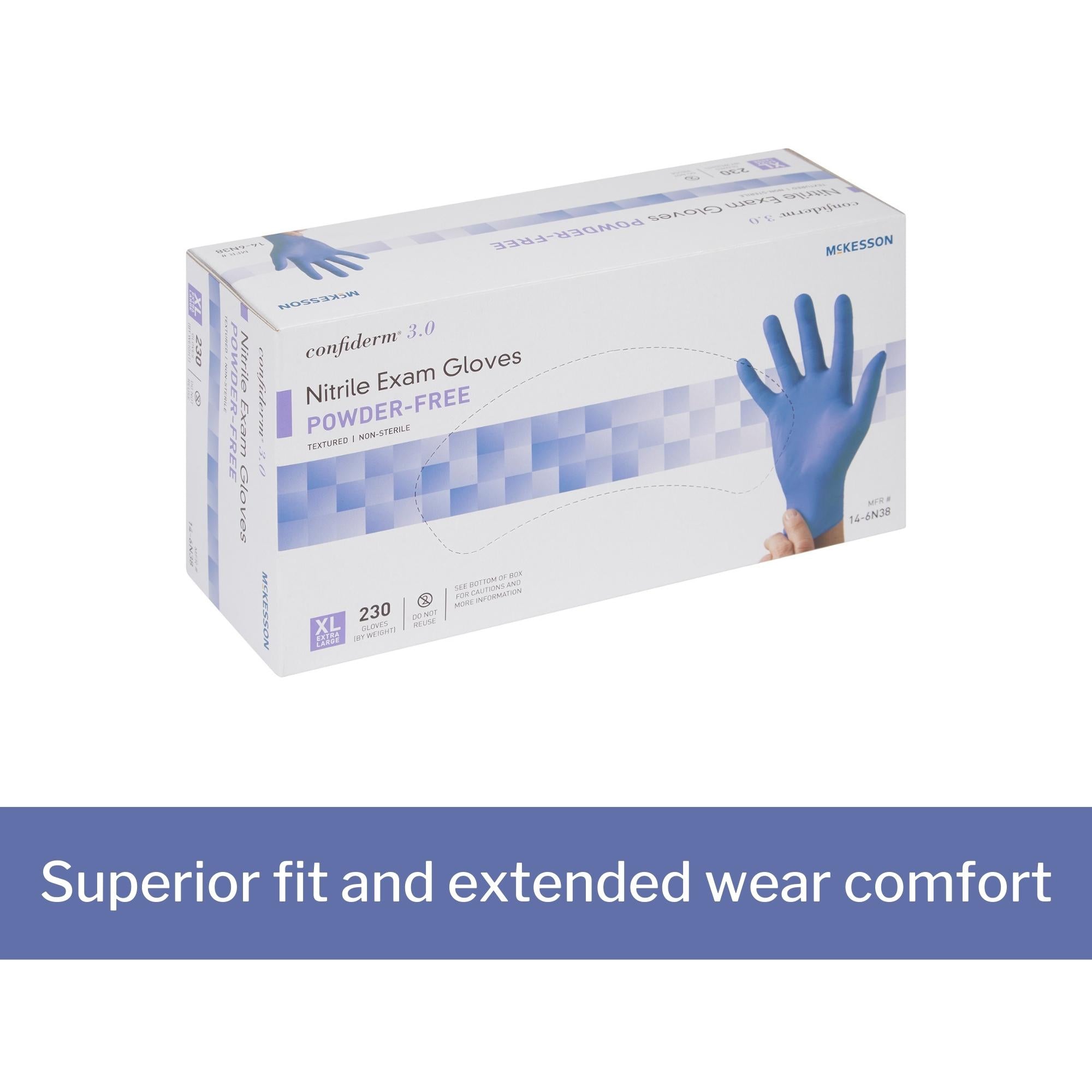 exam glove mckesson confiderm 3 0 x large nonsterile nitrile standard cuff length textured fingertips blue not rated packaging type box