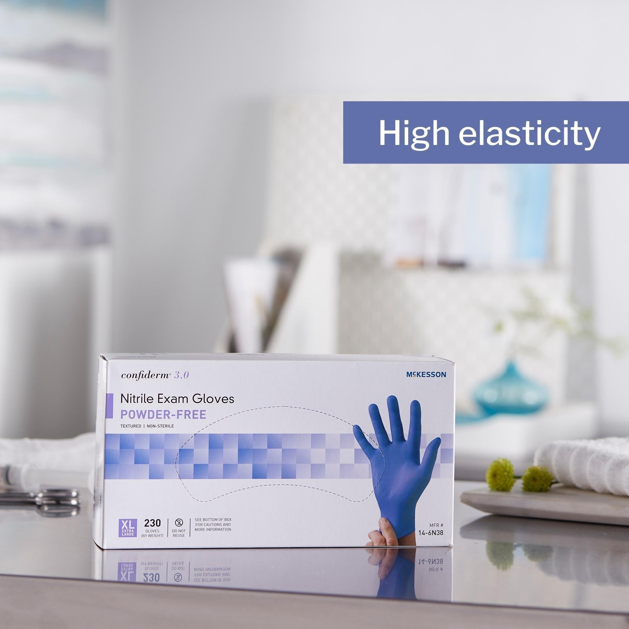 exam glove mckesson confiderm 3 0 x large nonsterile nitrile standard cuff length textured fingertips blue not rated packaging type box