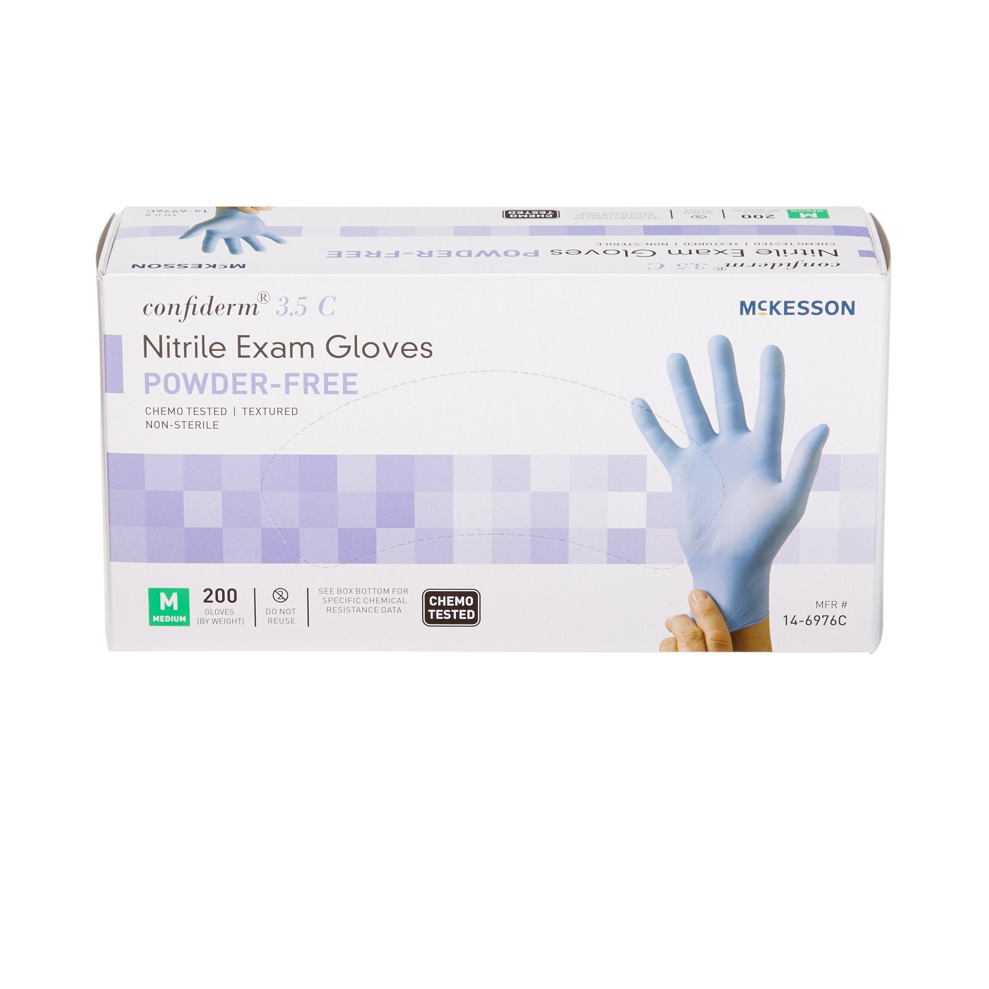exam glove mckesson confiderm 3 5c medium nonsterile nitrile standard cuff length textured fingertips blue chemo tested packaging type box