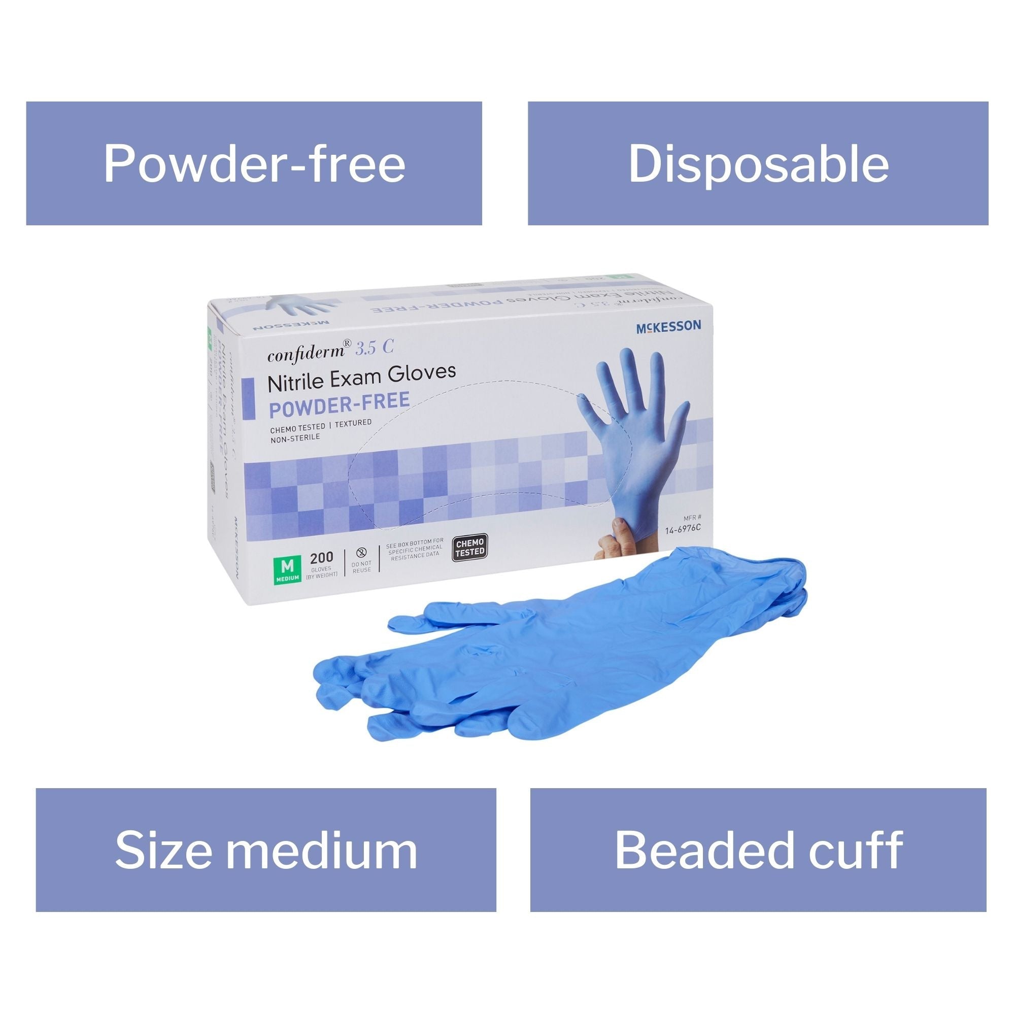 exam glove mckesson confiderm 3 5c medium nonsterile nitrile standard cuff length textured fingertips blue chemo tested packaging type box