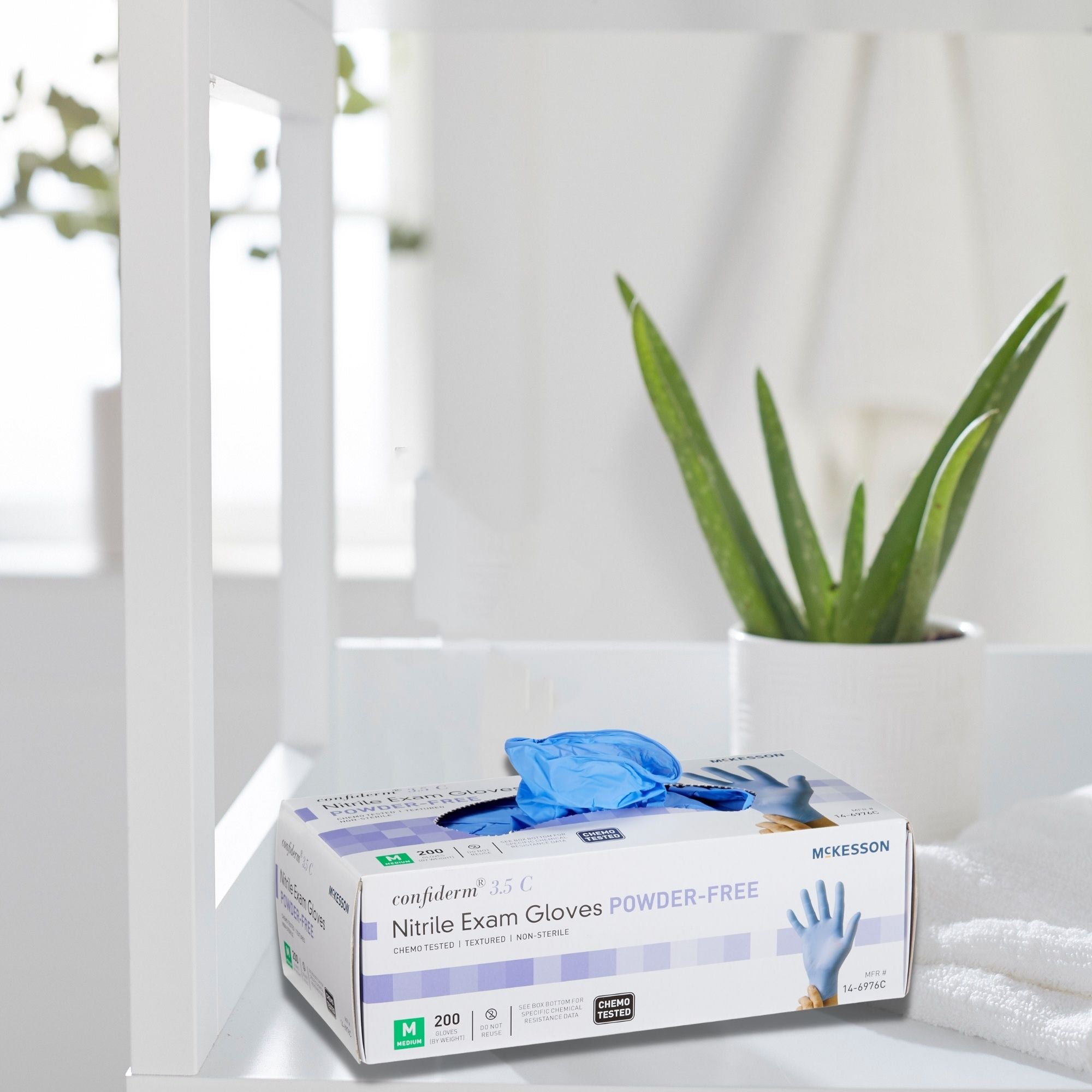 exam glove mckesson confiderm 3 5c medium nonsterile nitrile standard cuff length textured fingertips blue chemo tested packaging type box