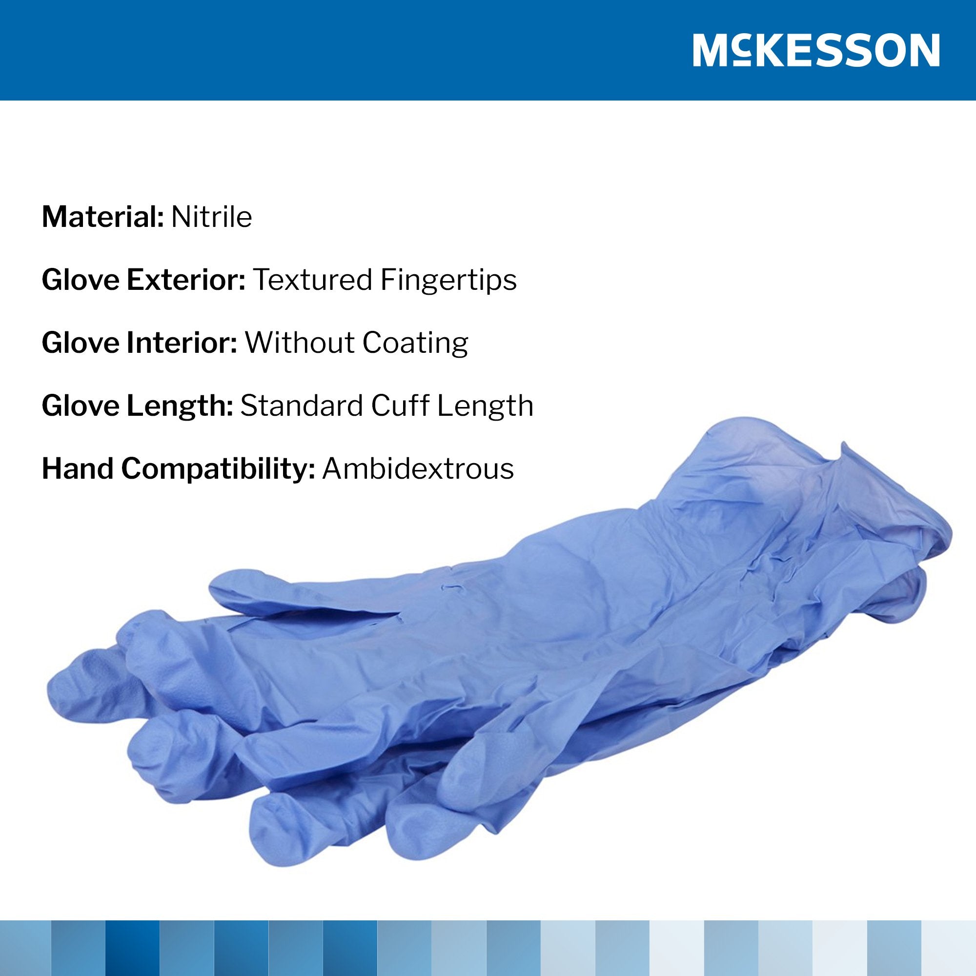 exam glove mckesson confiderm 3 5c medium nonsterile nitrile standard cuff length textured fingertips blue chemo tested packaging type box