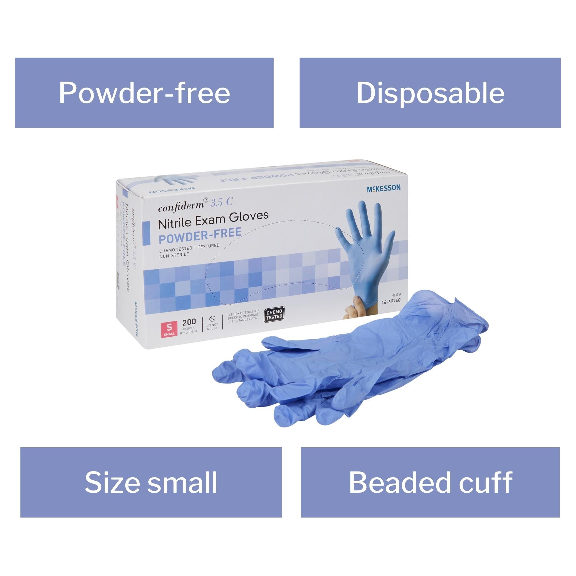exam glove mckesson confiderm 3 5c small nonsterile nitrile standard cuff length textured fingertips blue chemo tested packaging type box