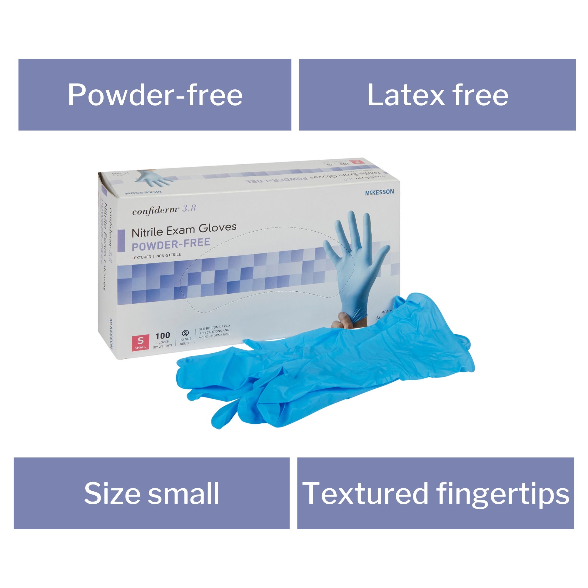 exam glove mckesson confiderm 3 8 small nonsterile nitrile standard cuff length textured fingertips blue not rated packaging type box