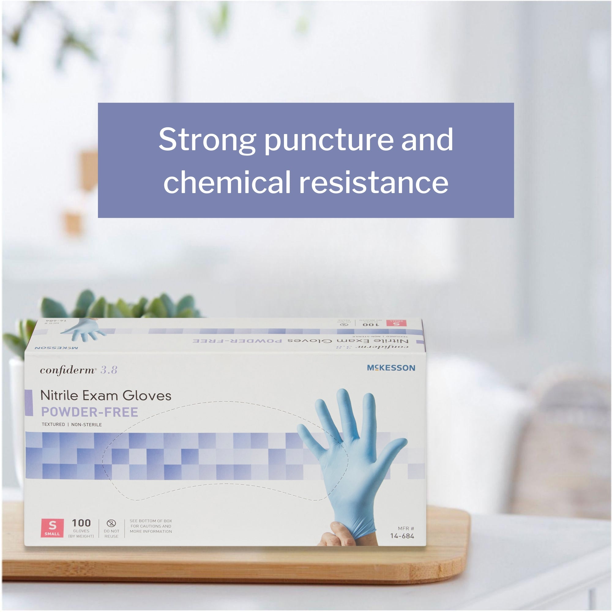 exam glove mckesson confiderm 3 8 small nonsterile nitrile standard cuff length textured fingertips blue not rated packaging type box