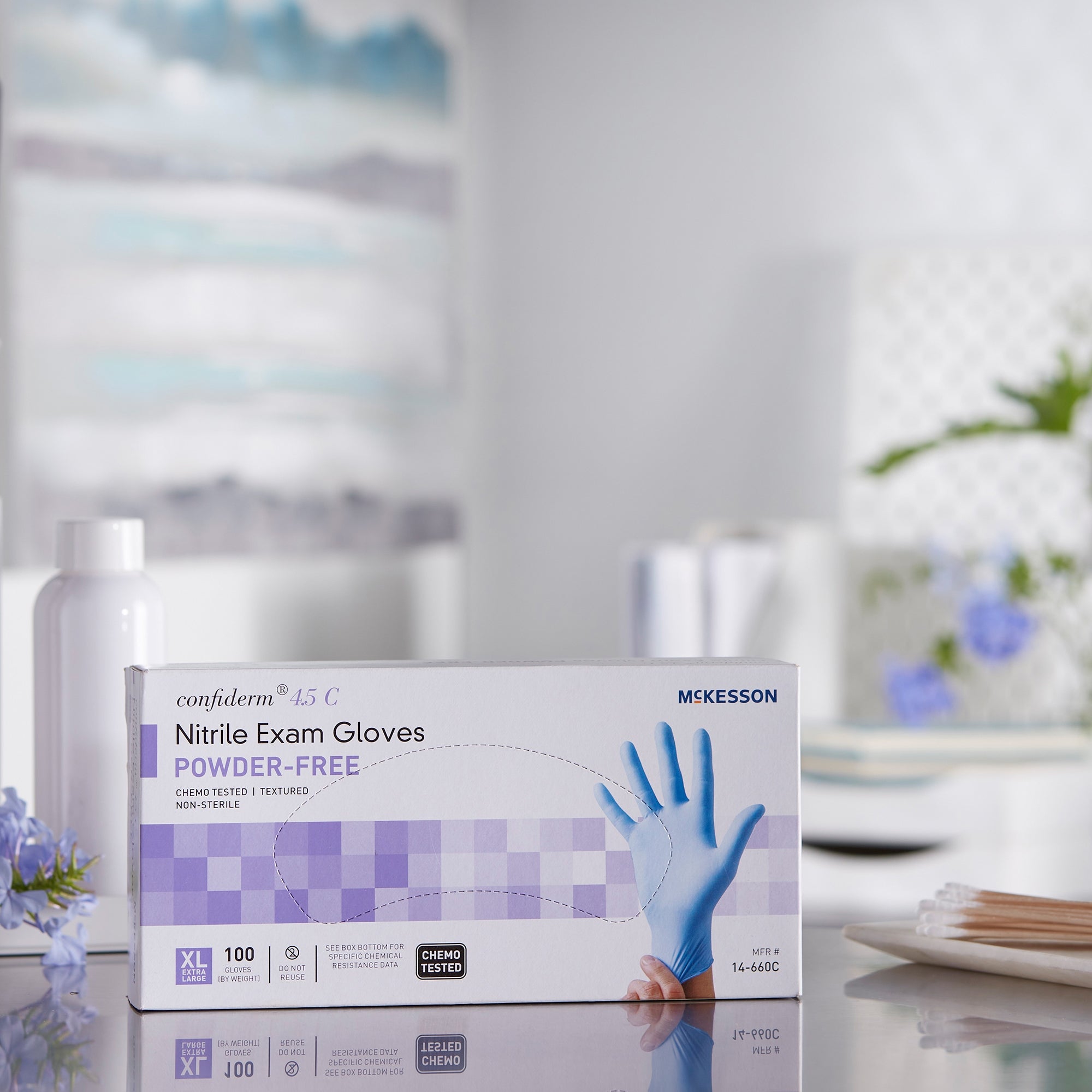 exam glove mckesson confiderm 4 5c x large nonsterile nitrile standard cuff length textured fingertips blue chemo tested packaging type box