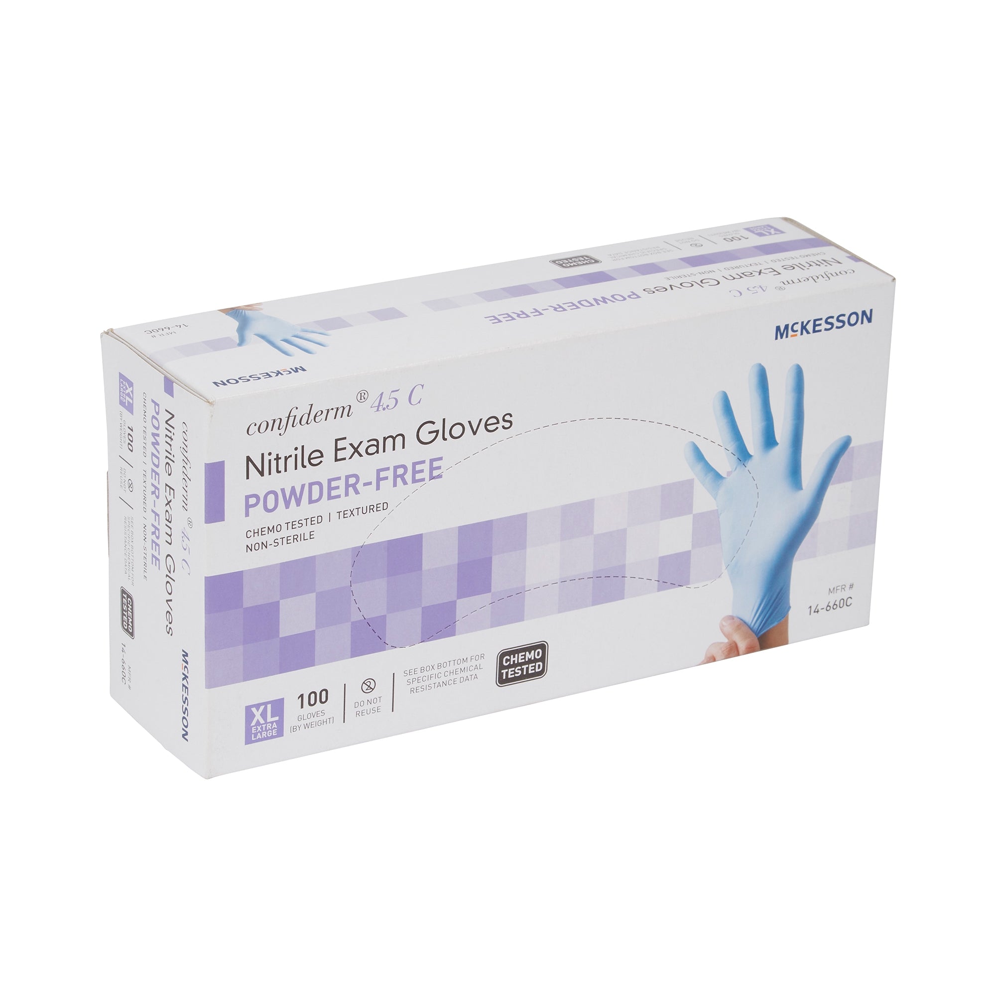 exam glove mckesson confiderm 4 5c x large nonsterile nitrile standard cuff length textured fingertips blue chemo tested packaging type box