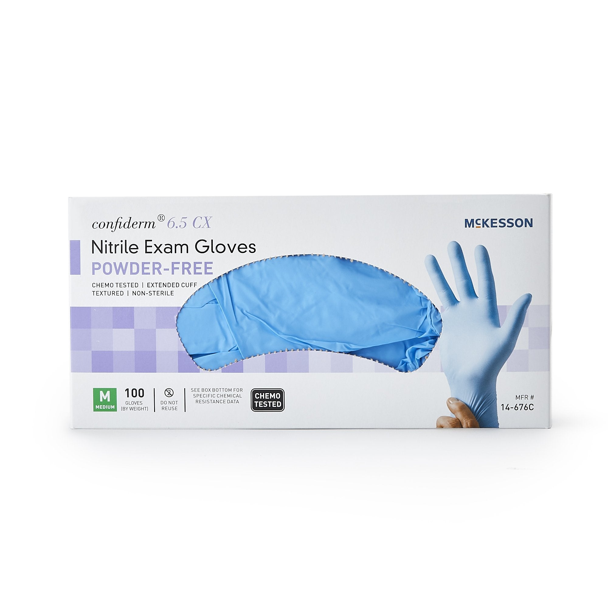 exam glove mckesson confiderm 6 5cx medium nonsterile nitrile extended cuff length textured fingertips blue chemo tested packaging type box