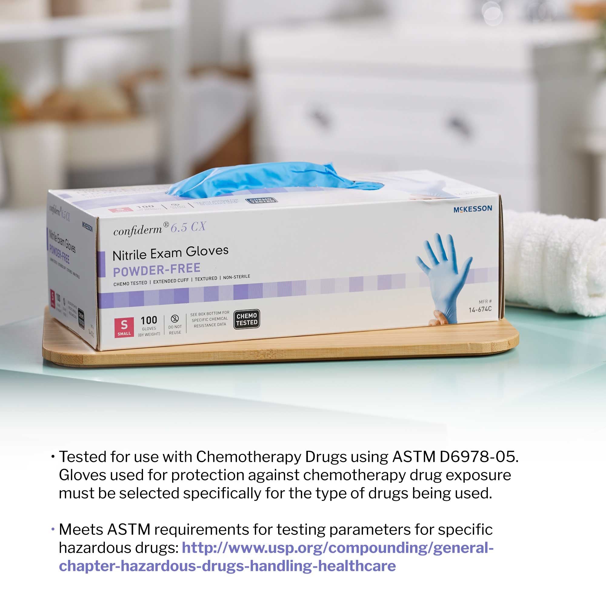 exam glove mckesson confiderm 6 5cx small nonsterile nitrile extended cuff length textured fingertips blue chemo tested packaging type box