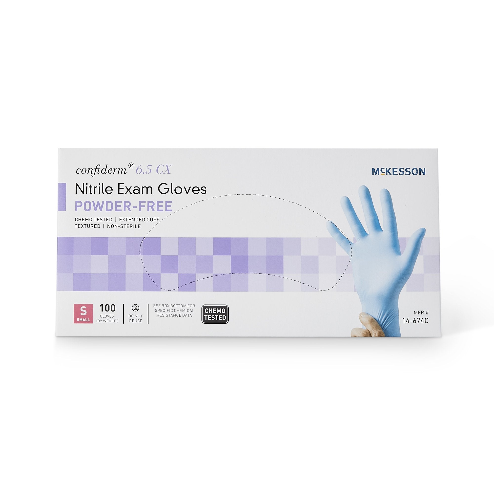 exam glove mckesson confiderm 6 5cx small nonsterile nitrile extended cuff length textured fingertips blue chemo tested packaging type box
