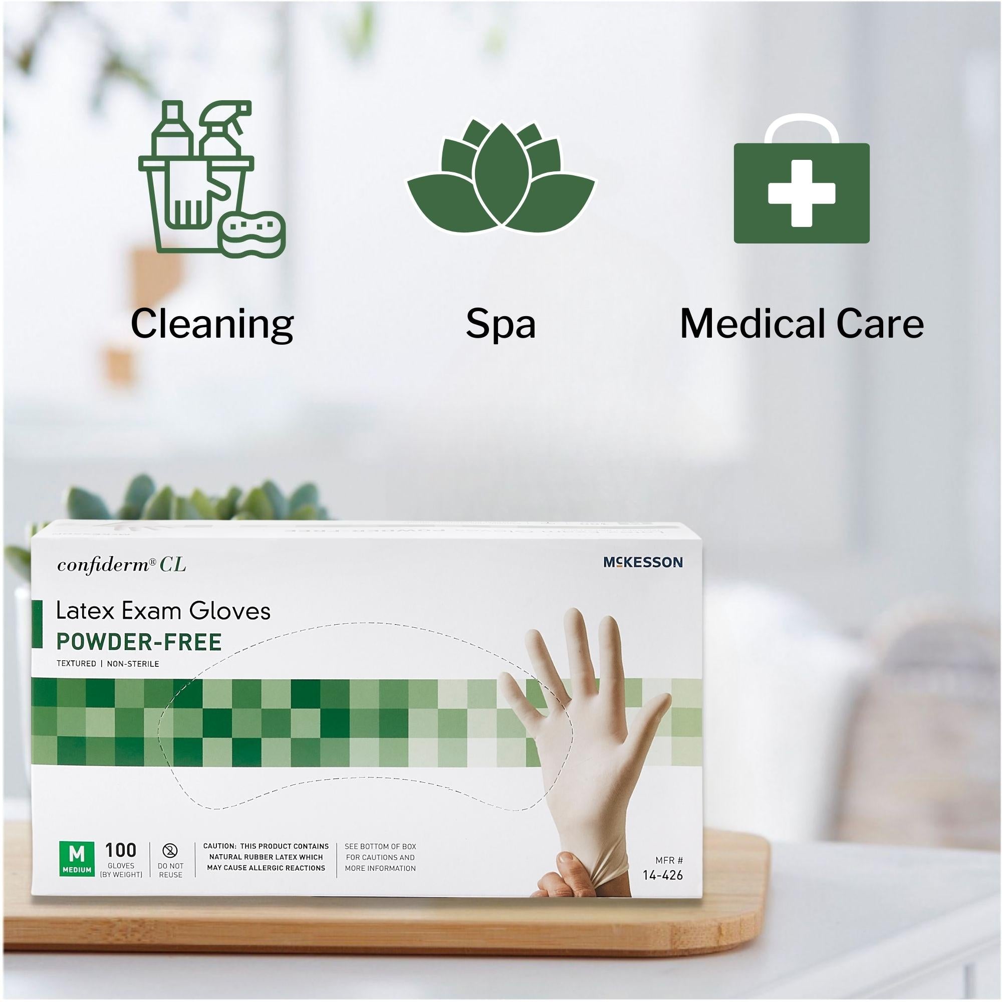 exam glove mckesson confiderm medium nonsterile latex standard cuff length textured fingertips ivory not rated packaging type box