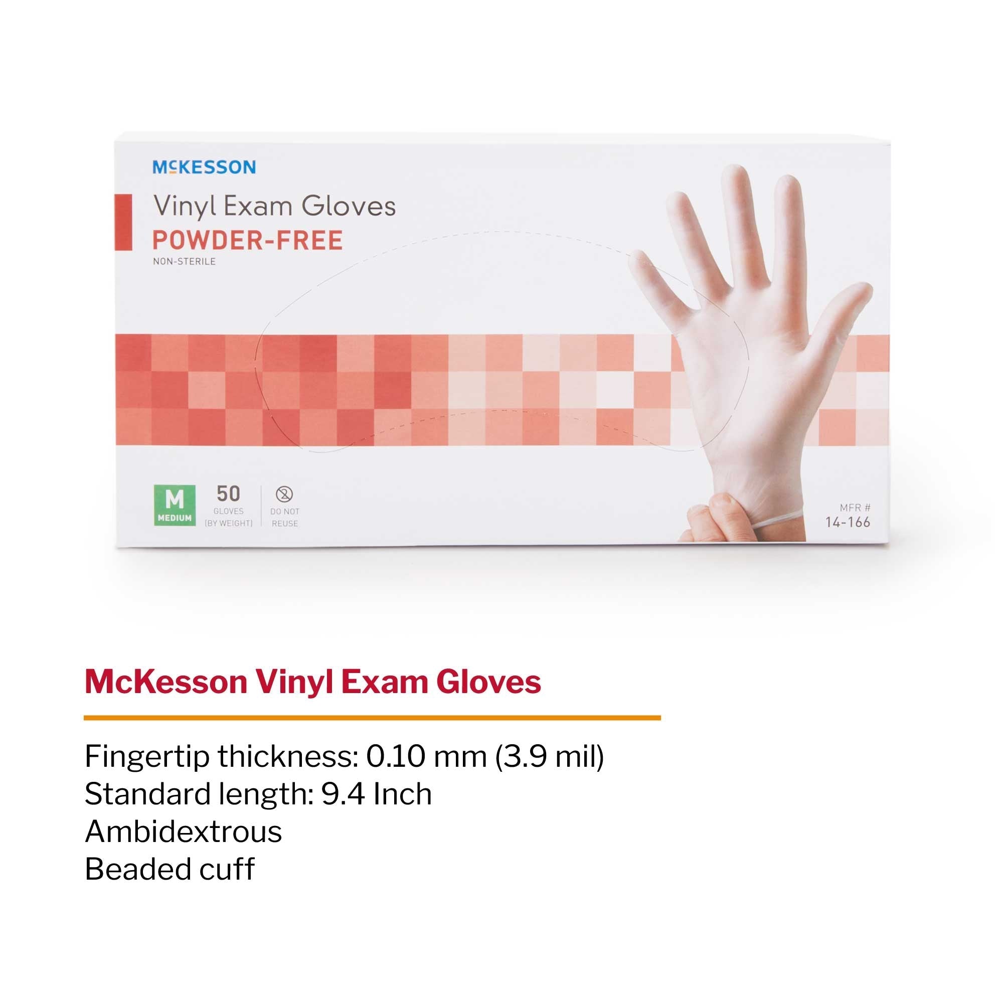 exam glove mckesson confiderm medium nonsterile vinyl standard cuff length smooth clear not rated packaging type box