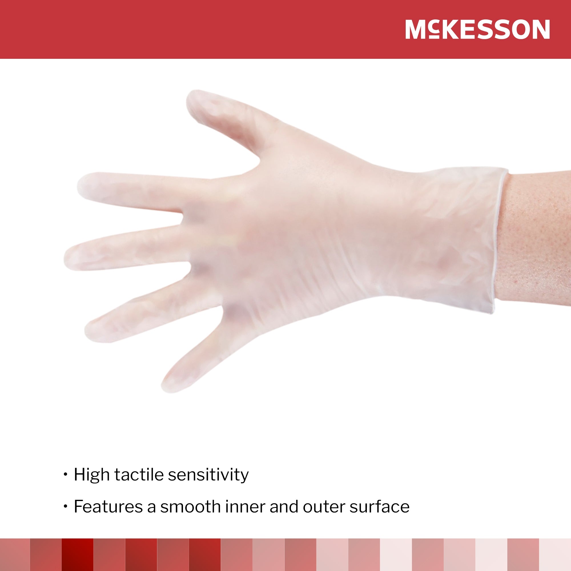 exam glove mckesson confiderm medium nonsterile vinyl standard cuff length smooth clear not rated packaging type box