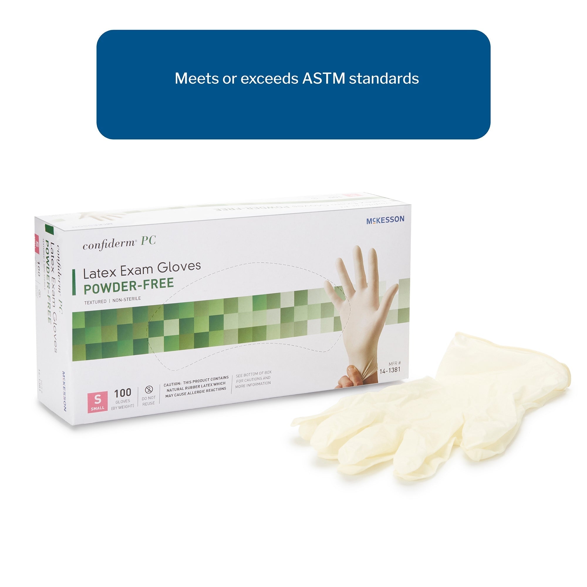 exam glove mckesson confiderm small nonsterile latex standard cuff length fully textured ivory not rated packaging type box
