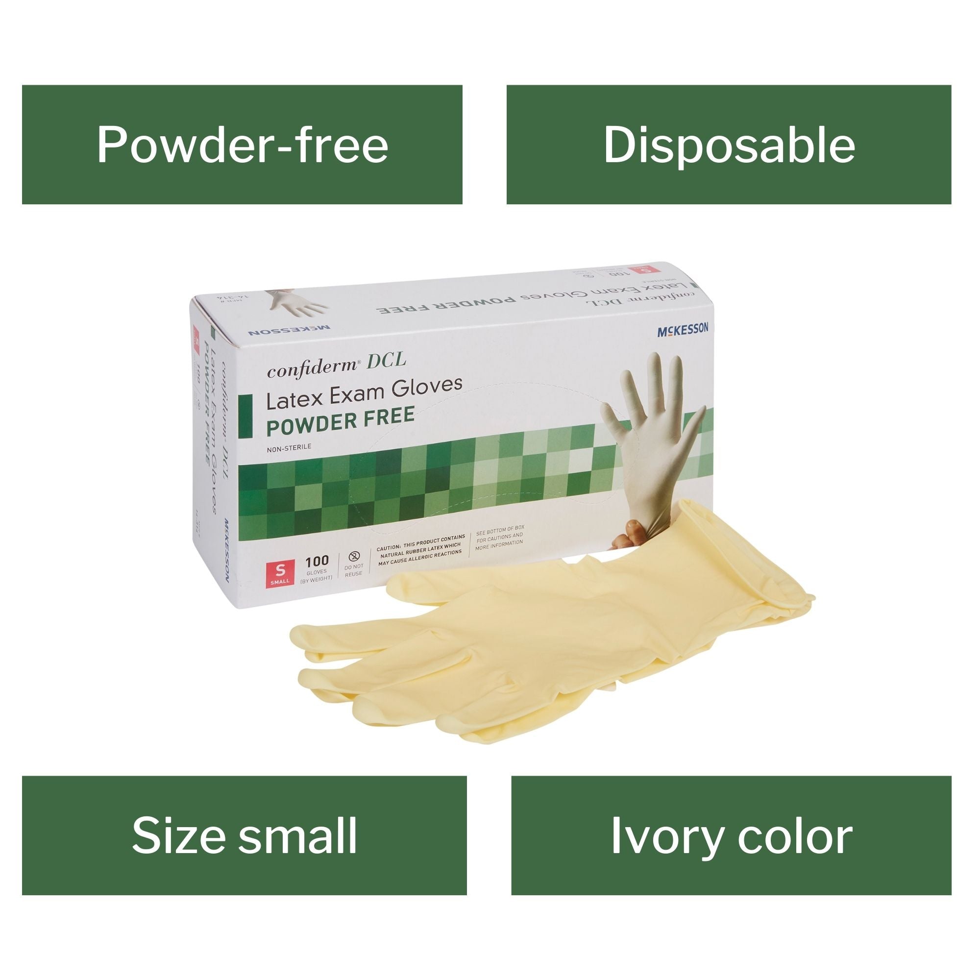 exam glove mckesson confiderm small nonsterile latex standard cuff length smooth ivory not rated packaging type box