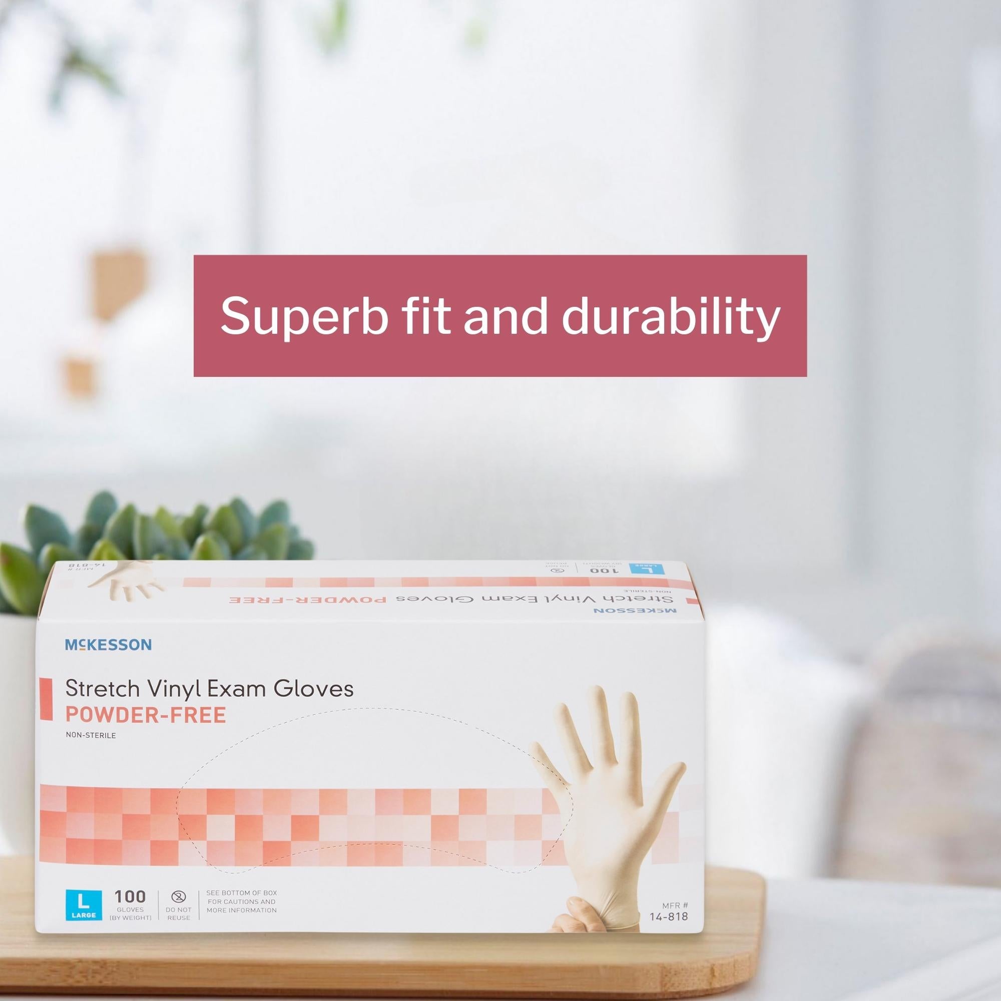 exam glove mckesson large nonsterile stretch vinyl standard cuff length smooth ivory not rated packaging type box