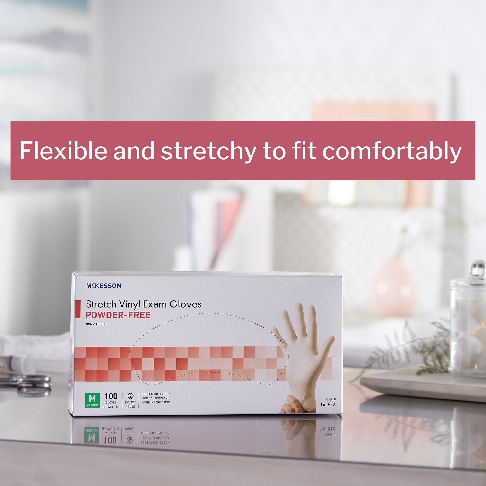 exam glove mckesson medium nonsterile stretch vinyl standard cuff length smooth ivory not rated packaging type box