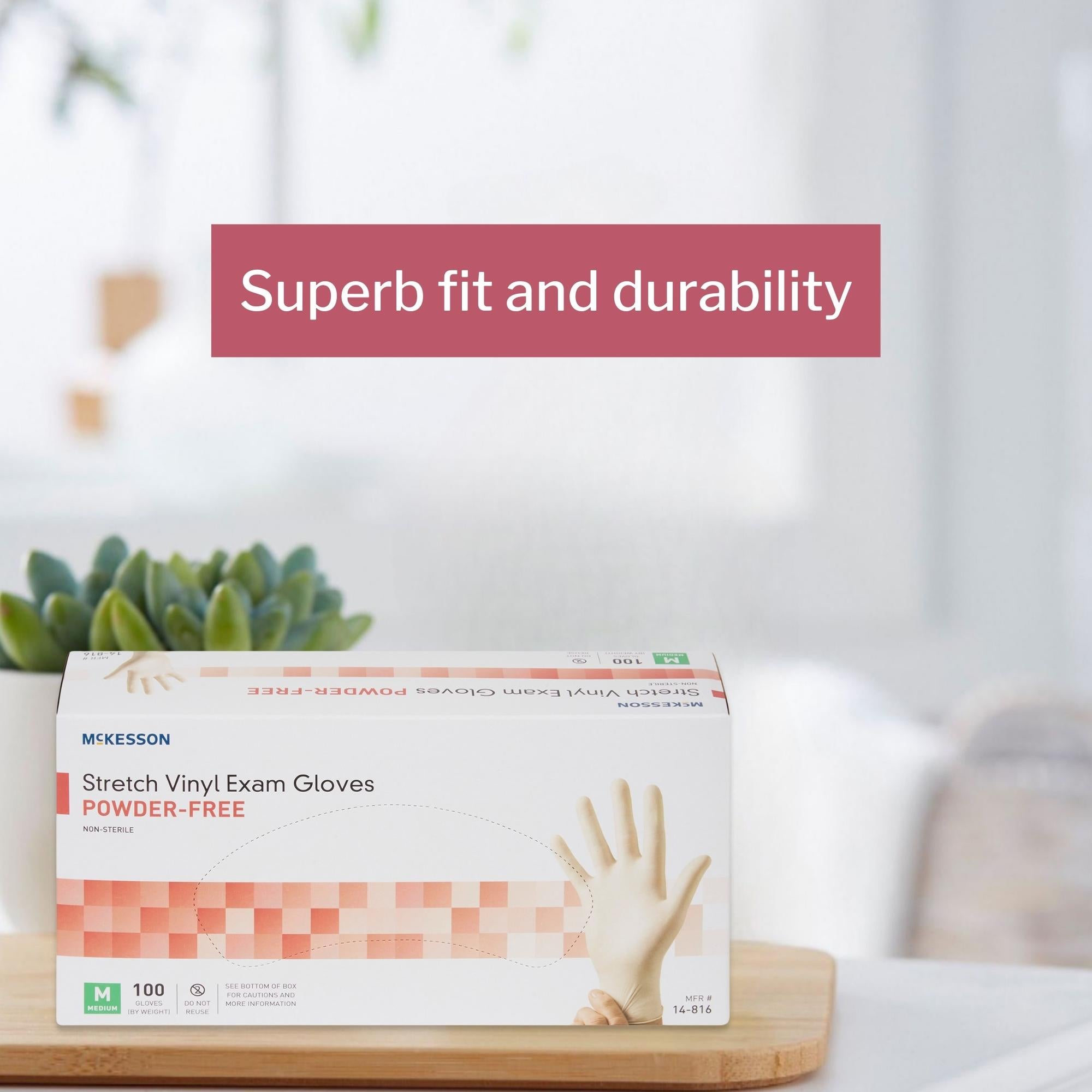 exam glove mckesson medium nonsterile stretch vinyl standard cuff length smooth ivory not rated packaging type box