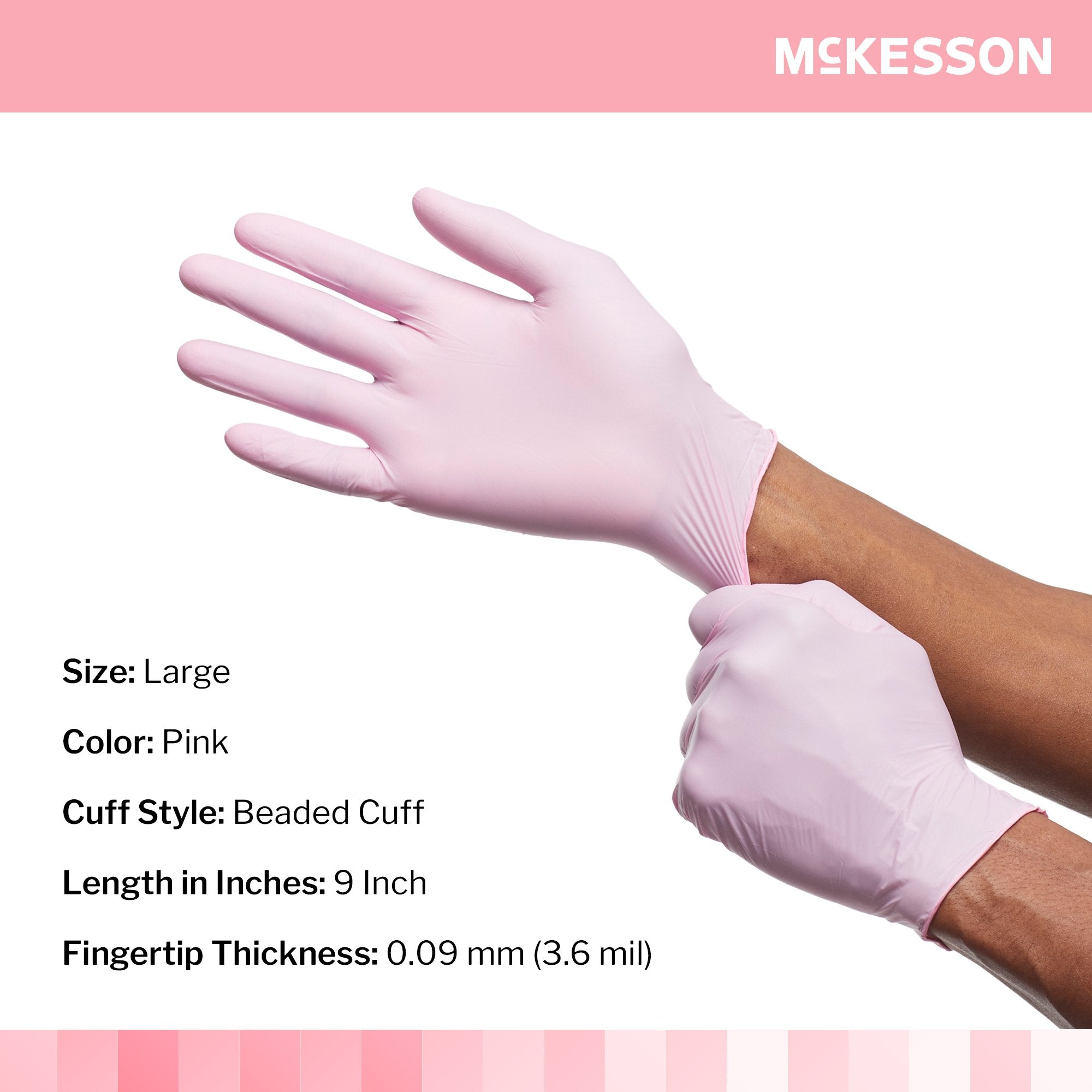 exam glove mckesson pink nitrile large nonsterile nitrile standard cuff length textured fingertips pink not rated packaging type box