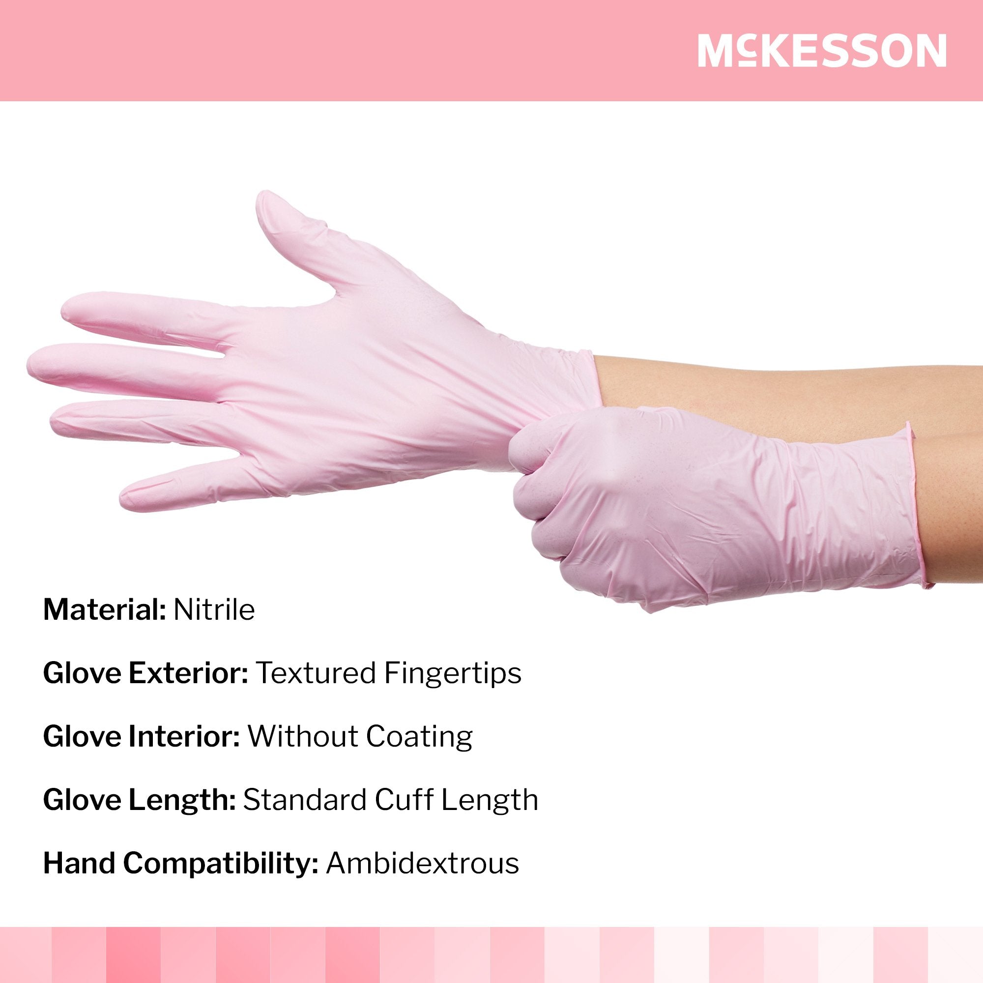 exam glove mckesson pink nitrile large nonsterile nitrile standard cuff length textured fingertips pink not rated packaging type box
