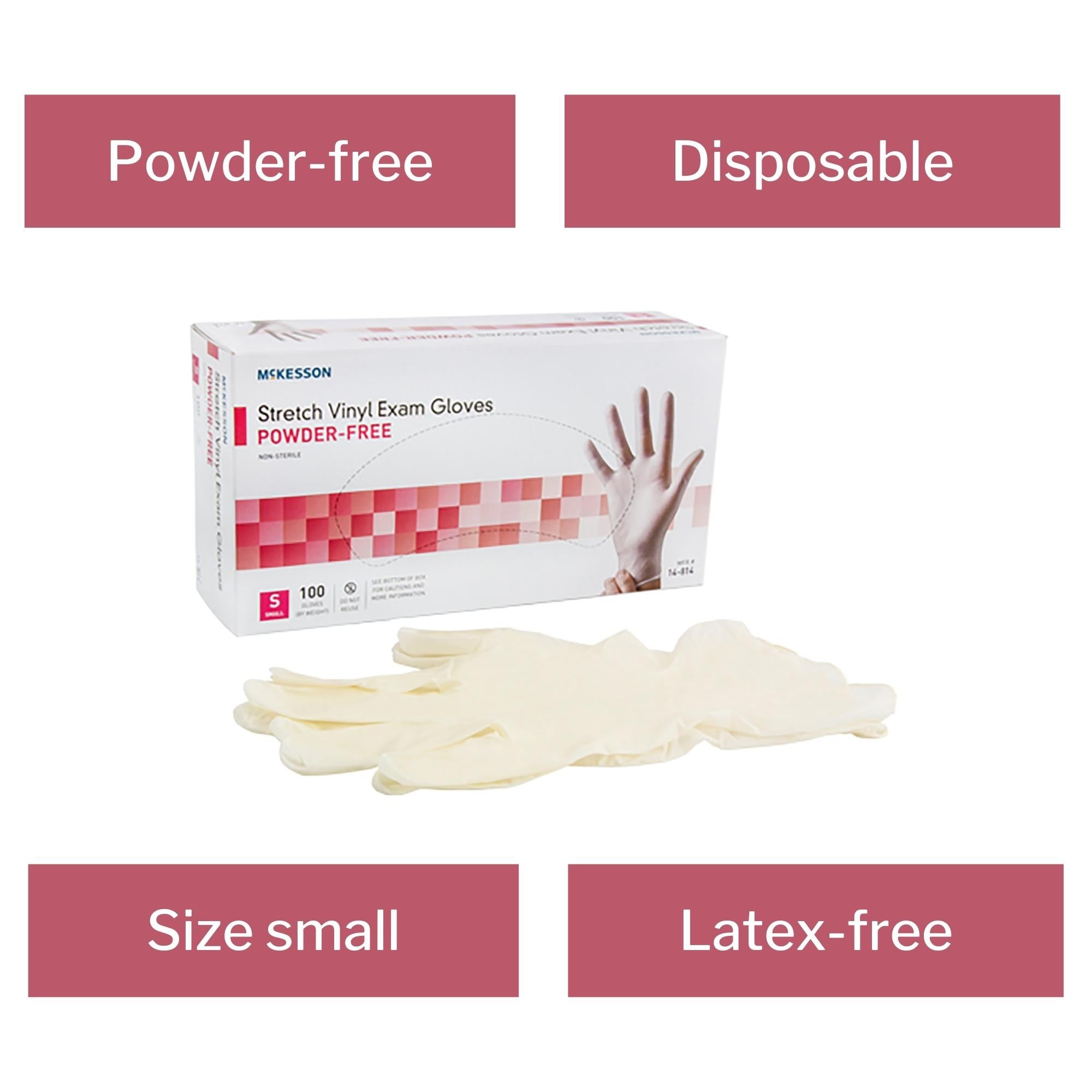 exam glove mckesson small nonsterile stretch vinyl standard cuff length smooth ivory not rated packaging type box