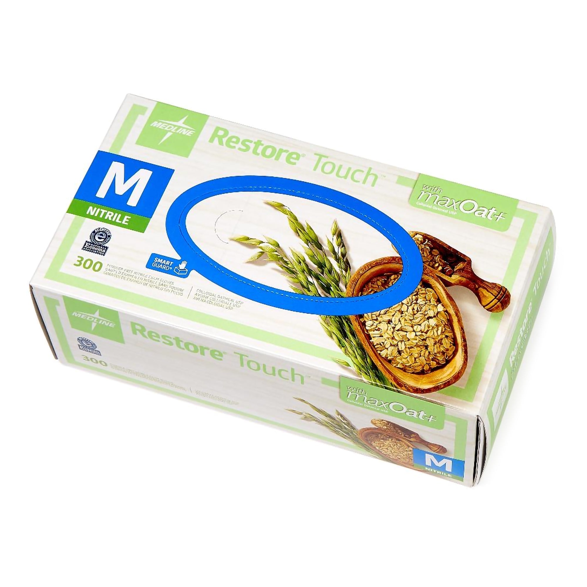 exam glove restore touch medium nonsterile nitrile standard cuff length textured fingertips green chemo tested packaging type box