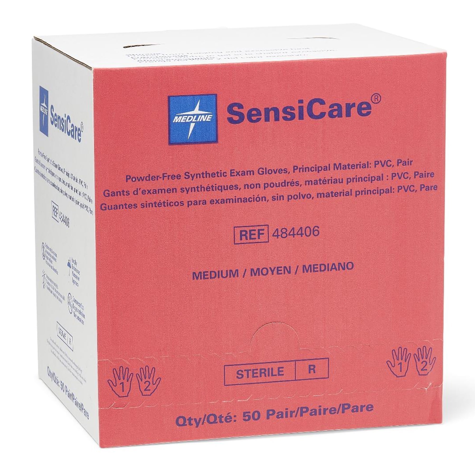 exam glove sensicare medium sterile pair stretch vinyl standard cuff length smooth beige not rated packaging type box