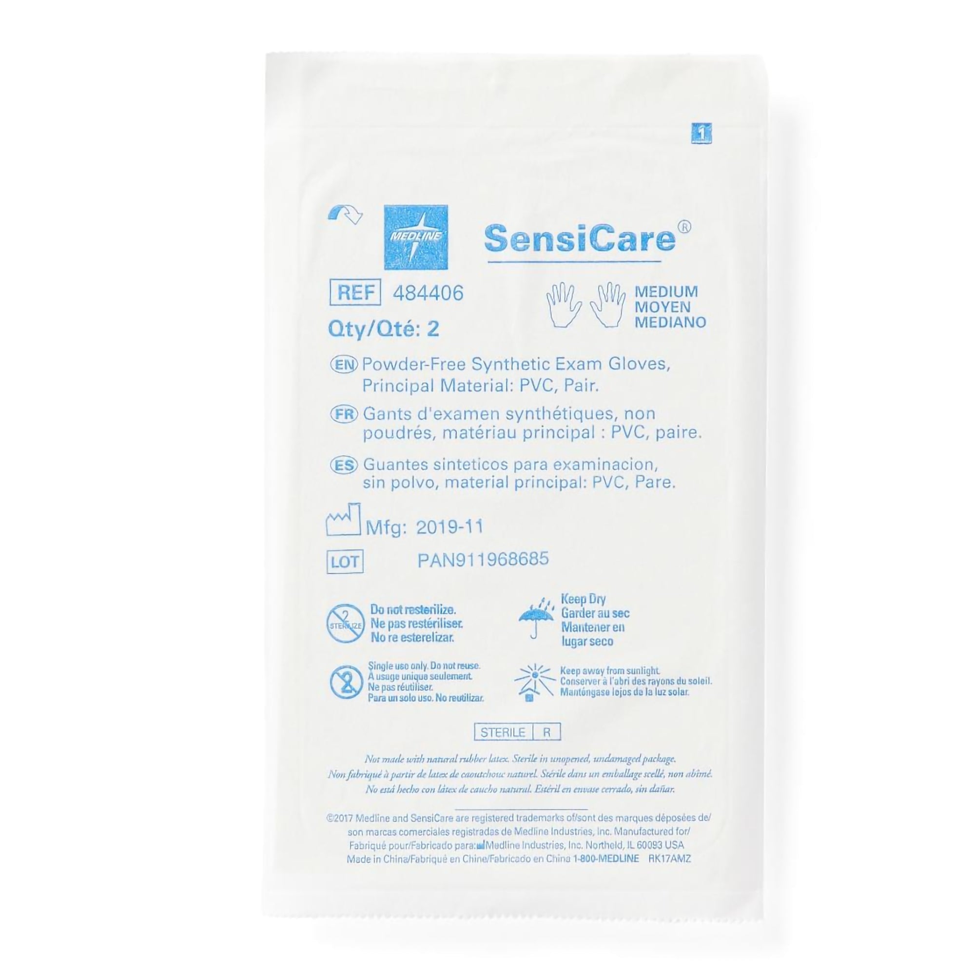 exam glove sensicare medium sterile pair stretch vinyl standard cuff length smooth beige not rated packaging type box