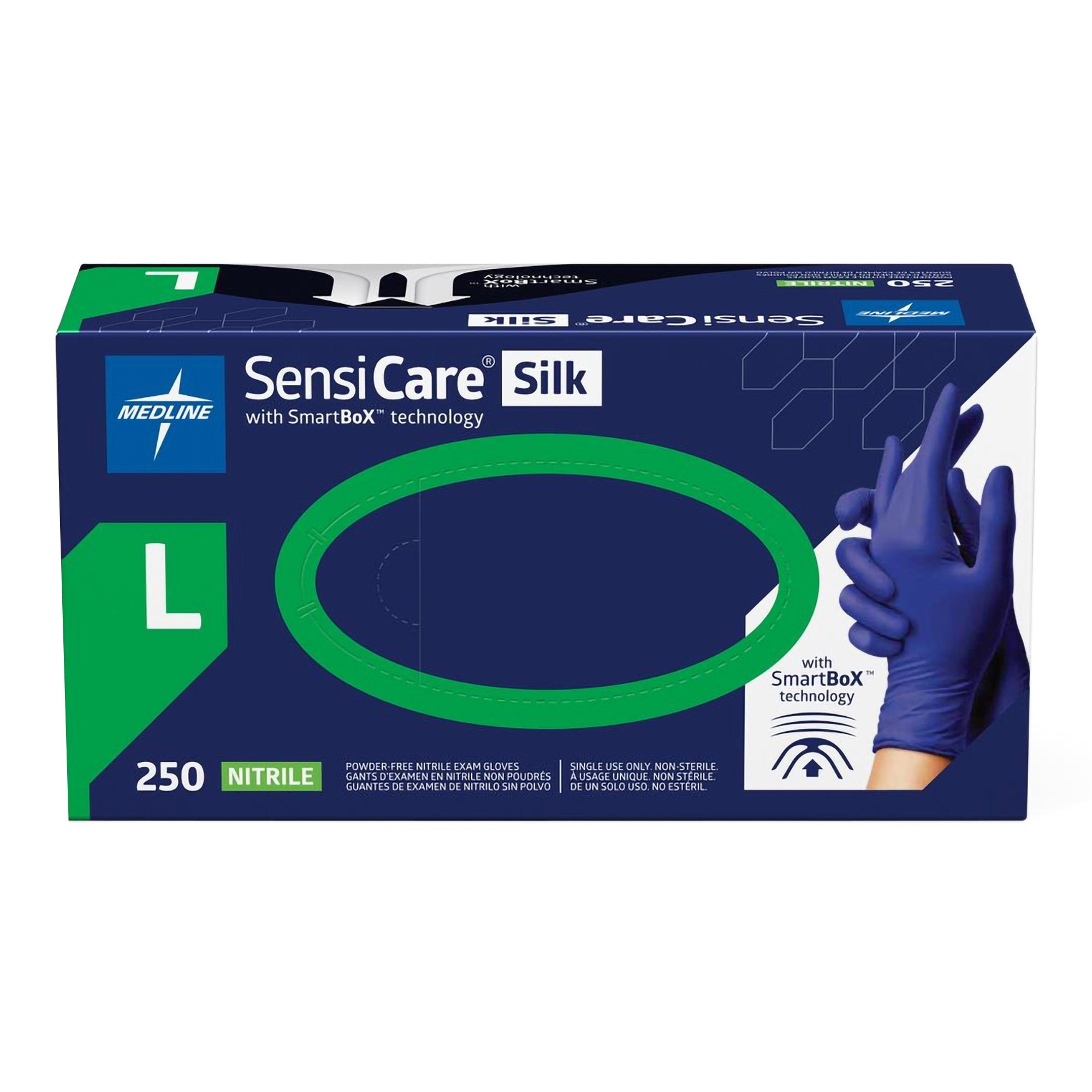 Exam Glove SensiCare Silk Large NonSterile Nitrile Standard Cuff Length Textured Fingertips Dark Blue Chemo Tested