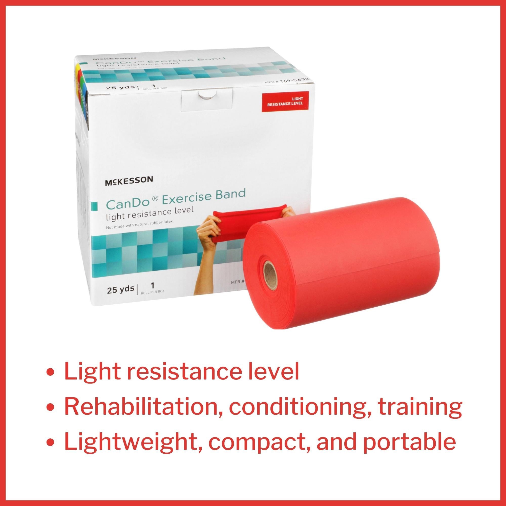 exercise resistance band mckesson cando red 5 inch x 25 yard light resistance packaging type each