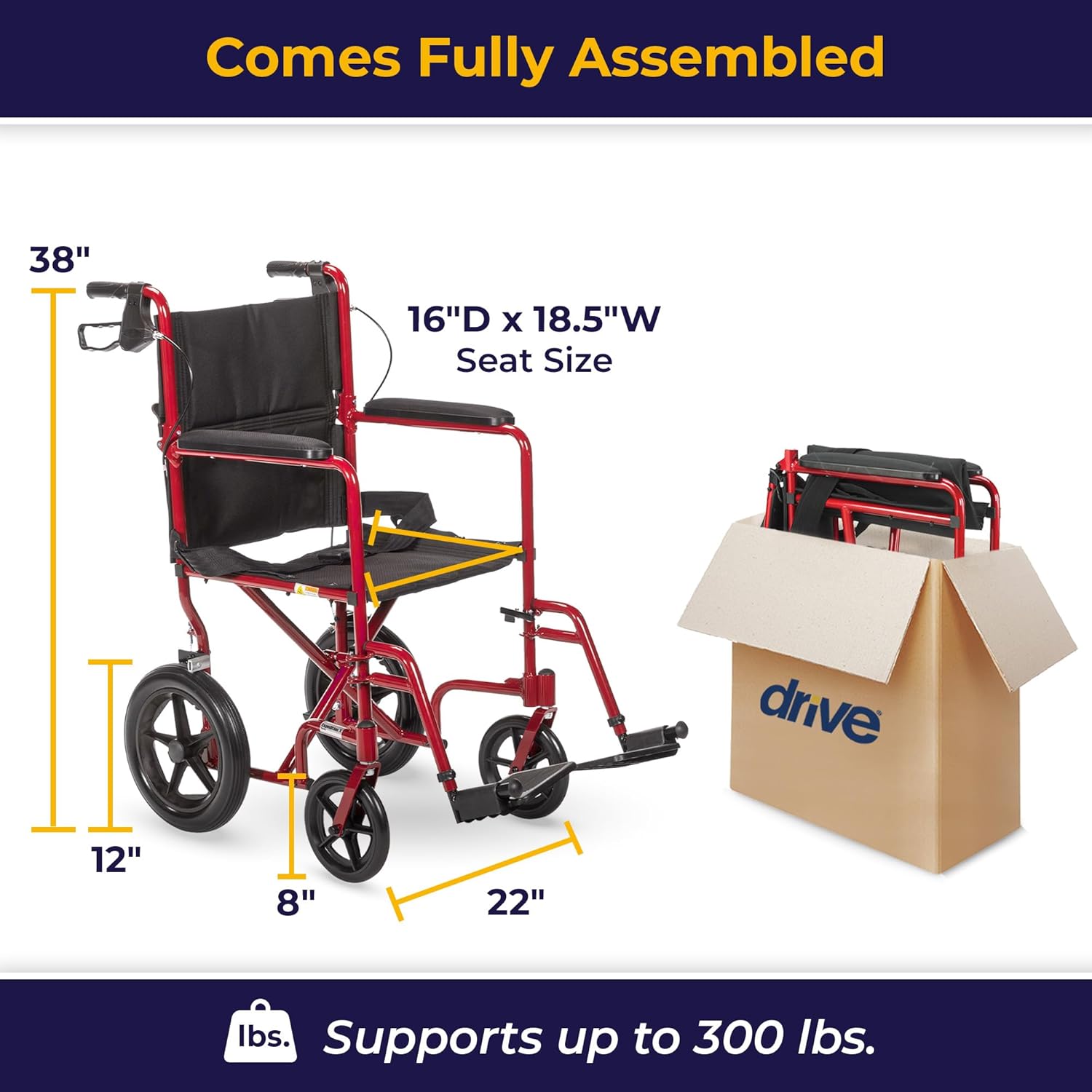 Drive Medical Expedition Aluminum Transport Wheelchair with Padded armrests and Swing-away Footrests ,12 inch Rear Wheels ,300 lbs Weight Capacity