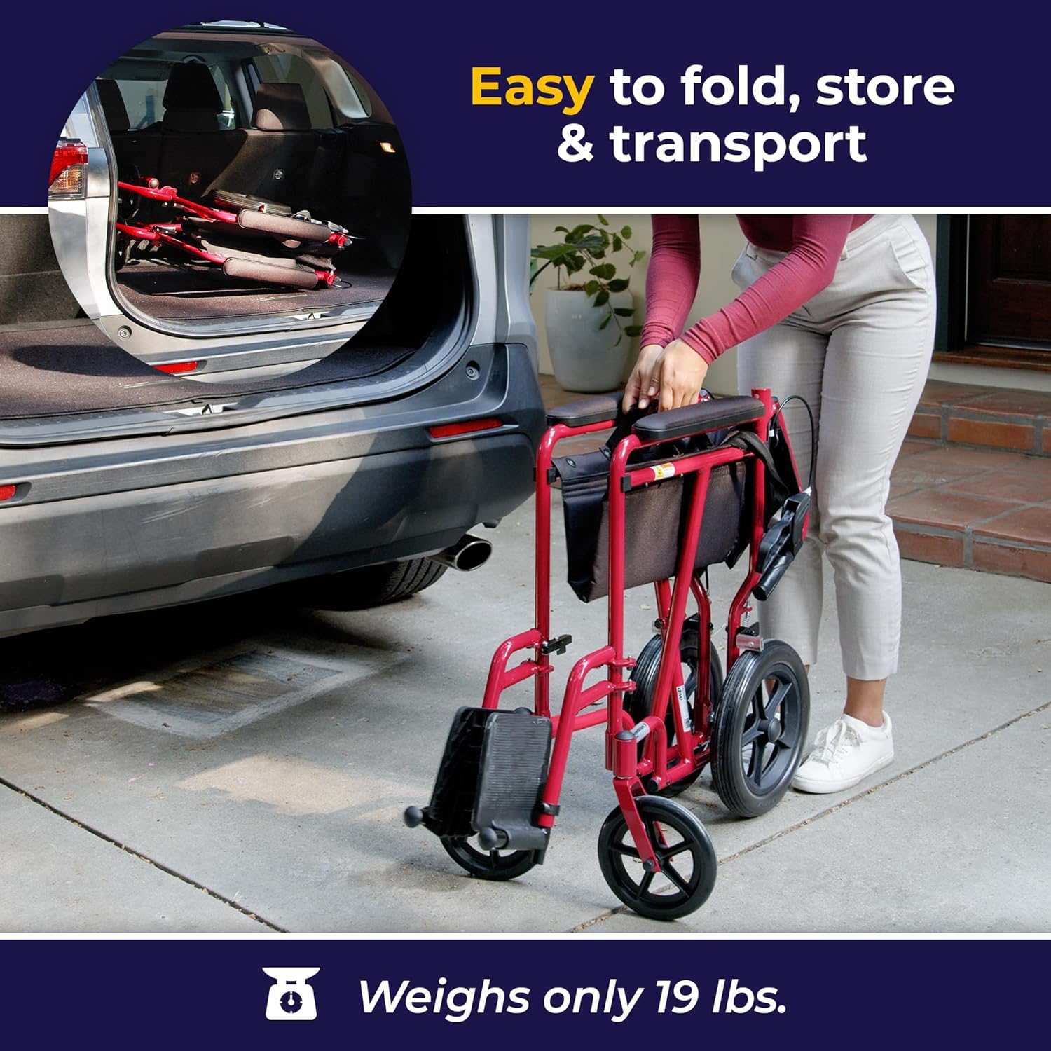 Drive Medical Expedition Aluminum Transport Wheelchair with Padded armrests and Swing-away Footrests ,12 inch Rear Wheels ,300 lbs Weight Capacity