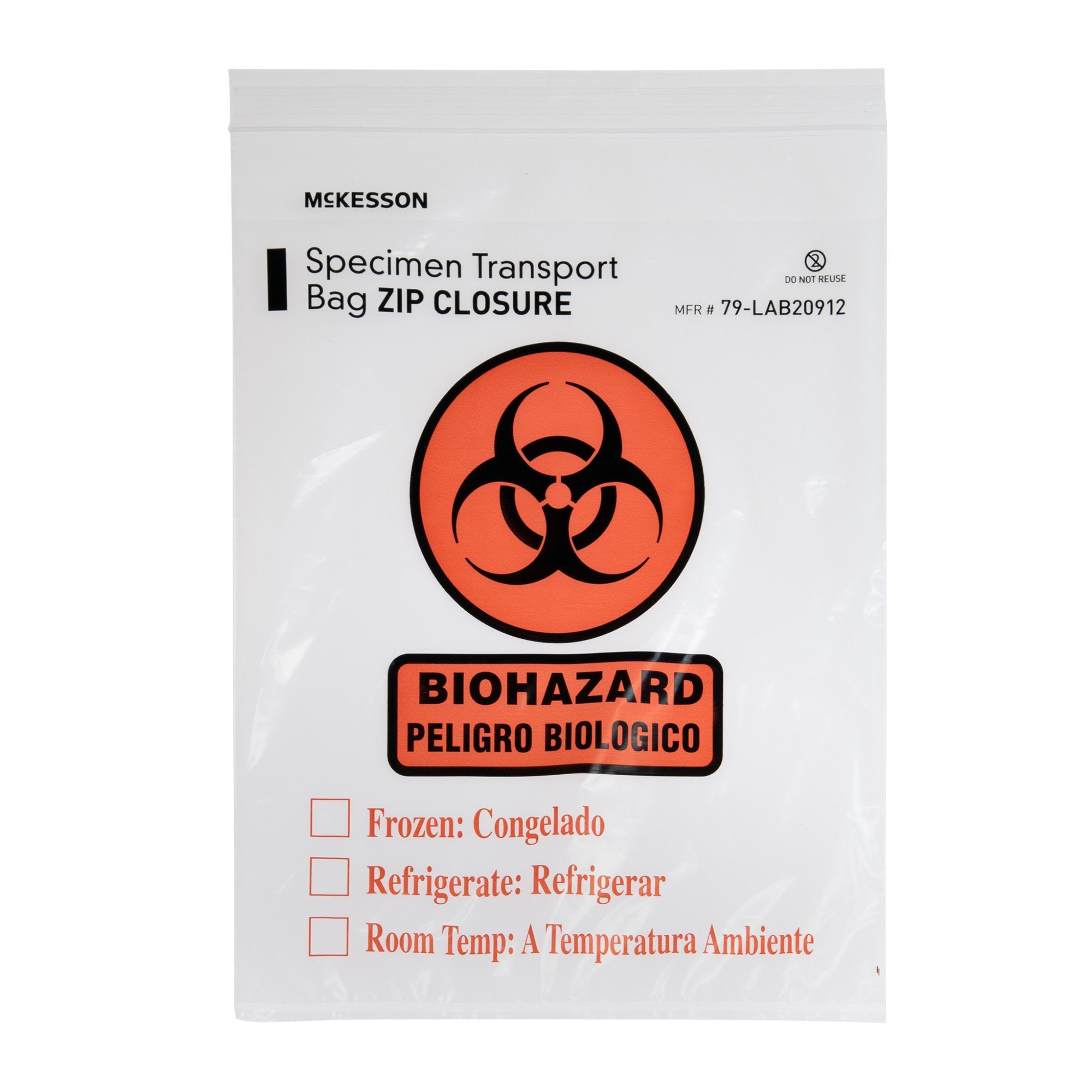 Specimen Transport Bag with Document Pouch McKesson 9 X 12 Inch Zip Closure Biohazard Symbol / Storage Instructions NonSterile