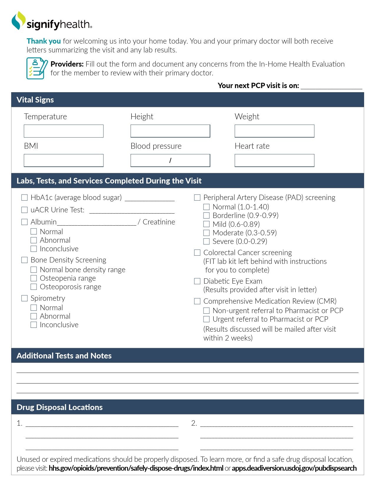 Check List Form Signify Health PCP Screening 8 X11 Inch