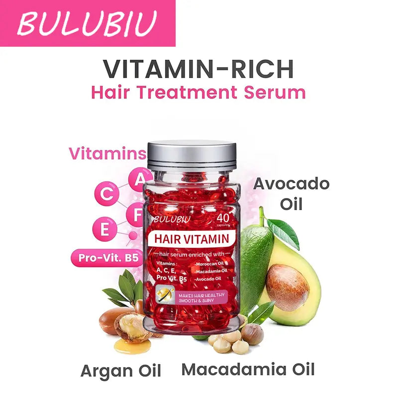 BULUBIU Hair Vitamin Conditioningserum  Leave In Formula with Argan,Macadamia and Avocado Oils Enriched with Vitamins A, C, E, Pro Vit,B5  Women'S and Men'S Deepconditioning Conditioner, Capsule, 40Capsules Hair Treat Hair Treatmentserum