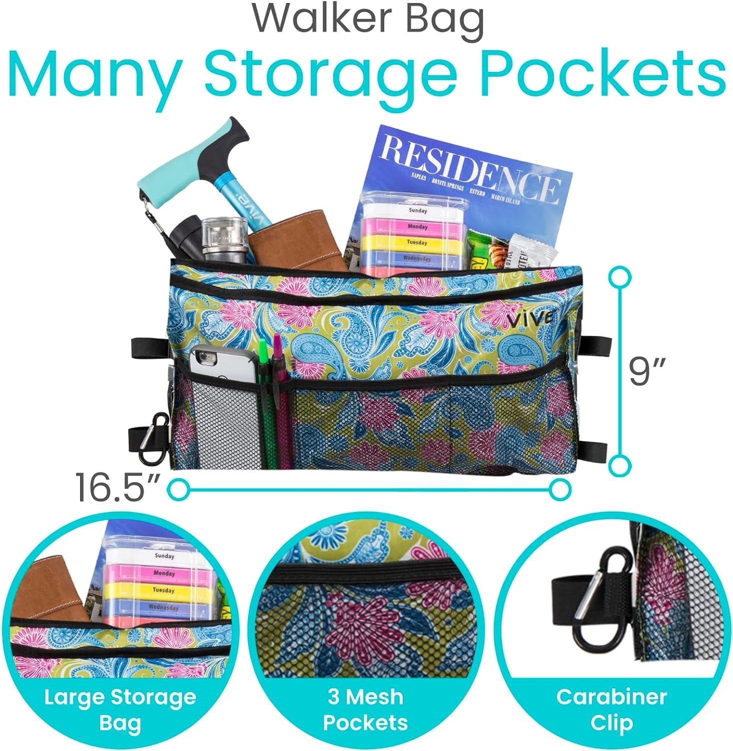 Walker Bag   Accessories Wheelchair Basket Pouch (Water Resistant)   Seniors Caddy Accessory Attachment for Folding, Rolling Walkers   Carry Storage Carrier Tote   Lightweight, Universal Size