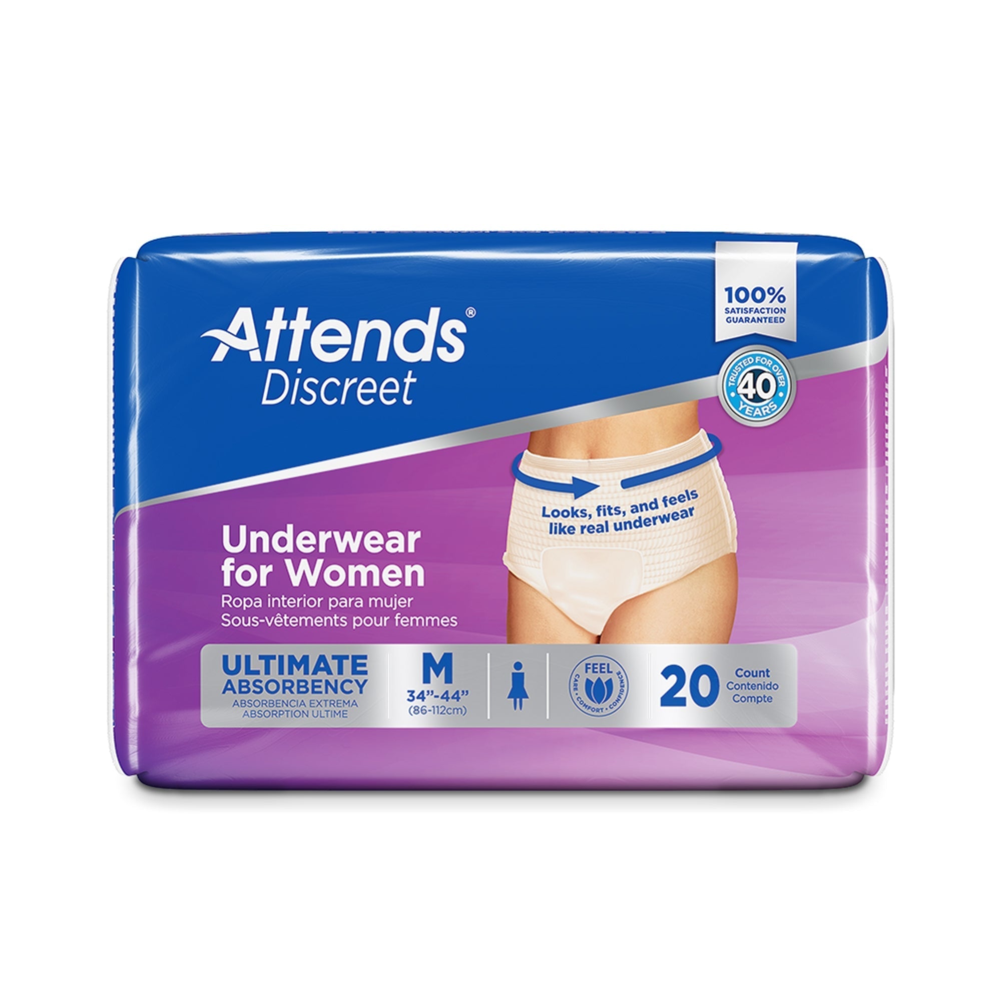 female adult absorbent underwear attends discreet pull on with tear away seams medium disposable heavy absorbency packaging type case