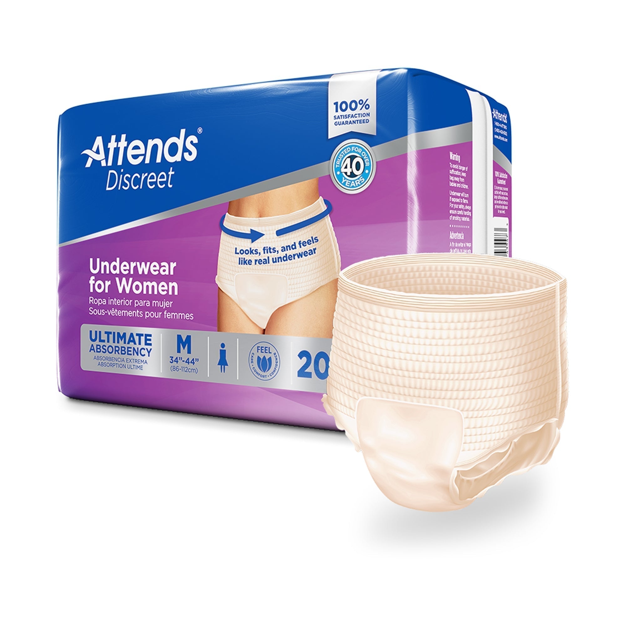 female adult absorbent underwear attends discreet pull on with tear away seams medium disposable heavy absorbency packaging type case