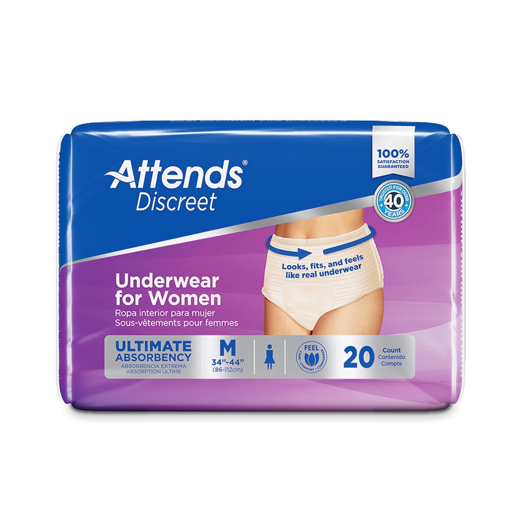 female adult absorbent underwear attends discreet pull on with tear away seams medium disposable heavy absorbency packaging type case