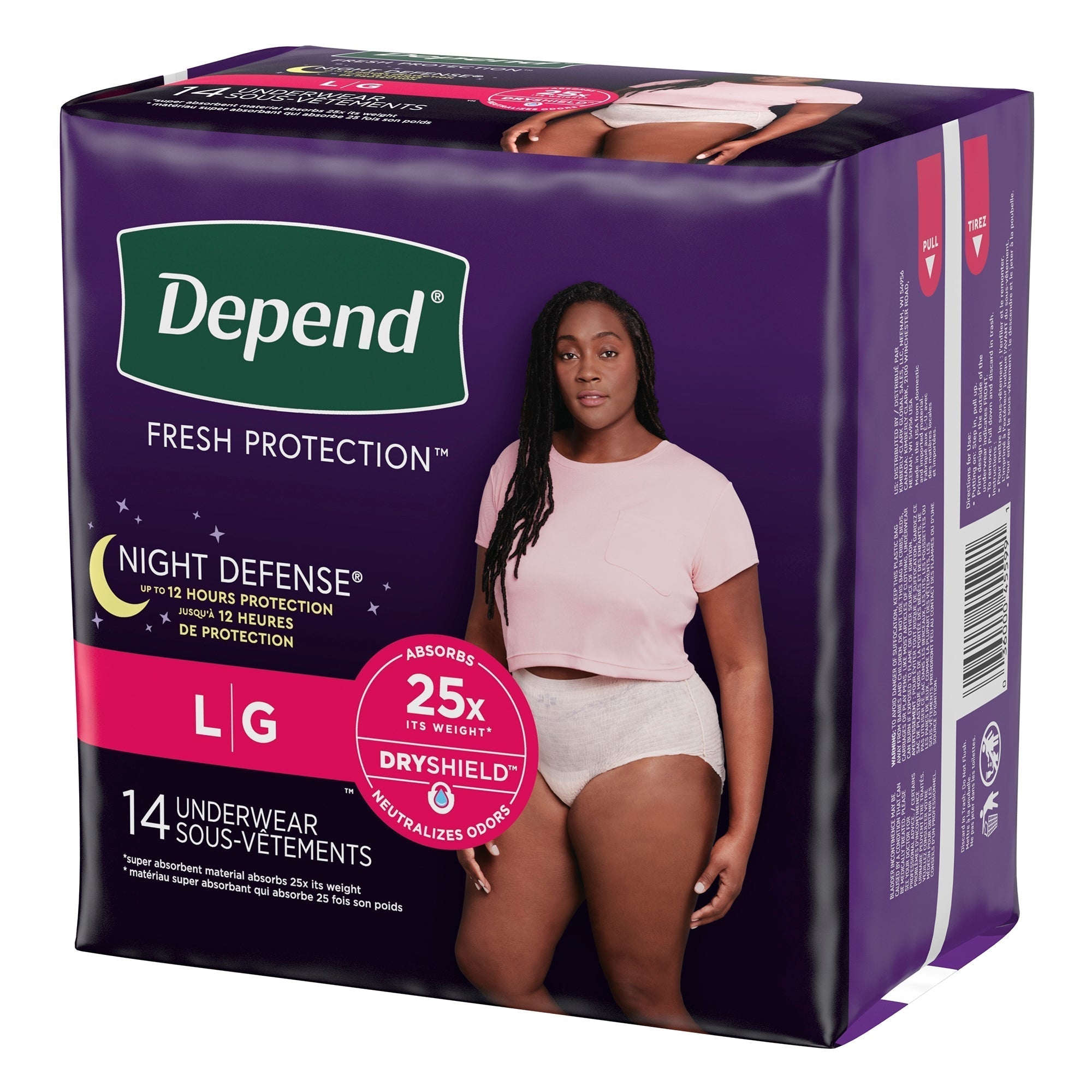 female adult absorbent underwear depend night defense waistband style large disposable heavy absorbency packaging type case