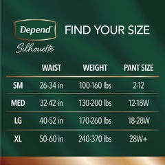 female adult absorbent underwear depend silhouette waistband style x large disposable heavy absorbency packaging type case