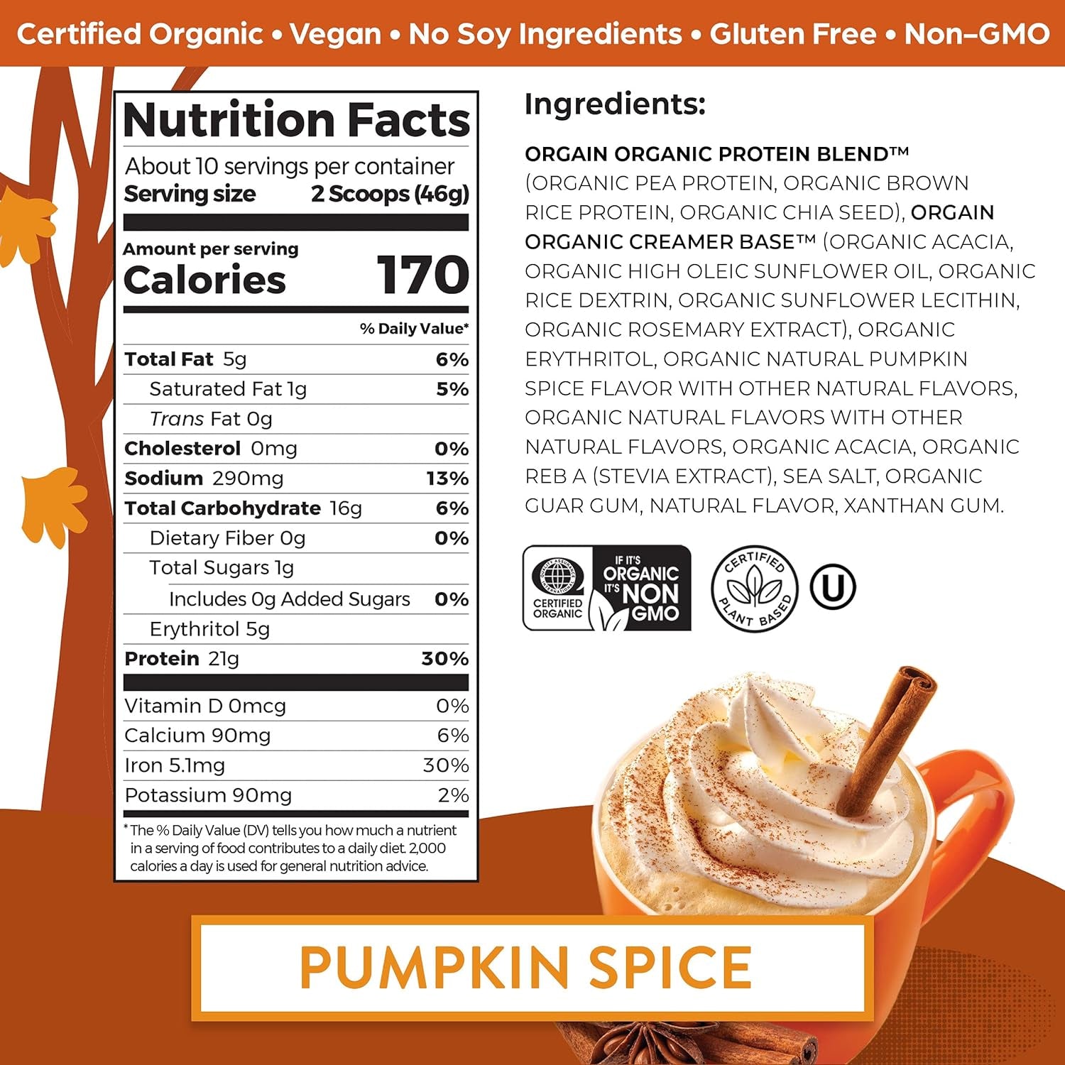 Organic Vegan Protein Powder, Pumpkin Spice Seasonal Flavor   21G of Plant Protein, 5G Prebiotic Fiber, No Lactose Ingredients, No Added Sugar, Non Gmo, for Shakes & Smoothies, 1.02 Lb