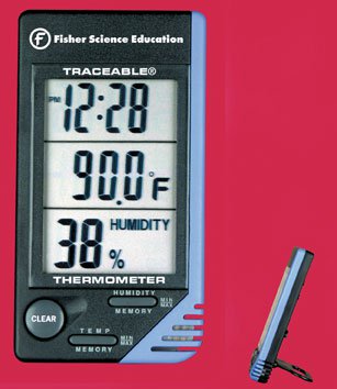 Digital Thermometer / Hygrometer Fisherbrand Traceable Fahrenheit / Celsius 32° to 122°F (0 to 50°C) Internal Sensor Desk / Wall Mount Battery Operated