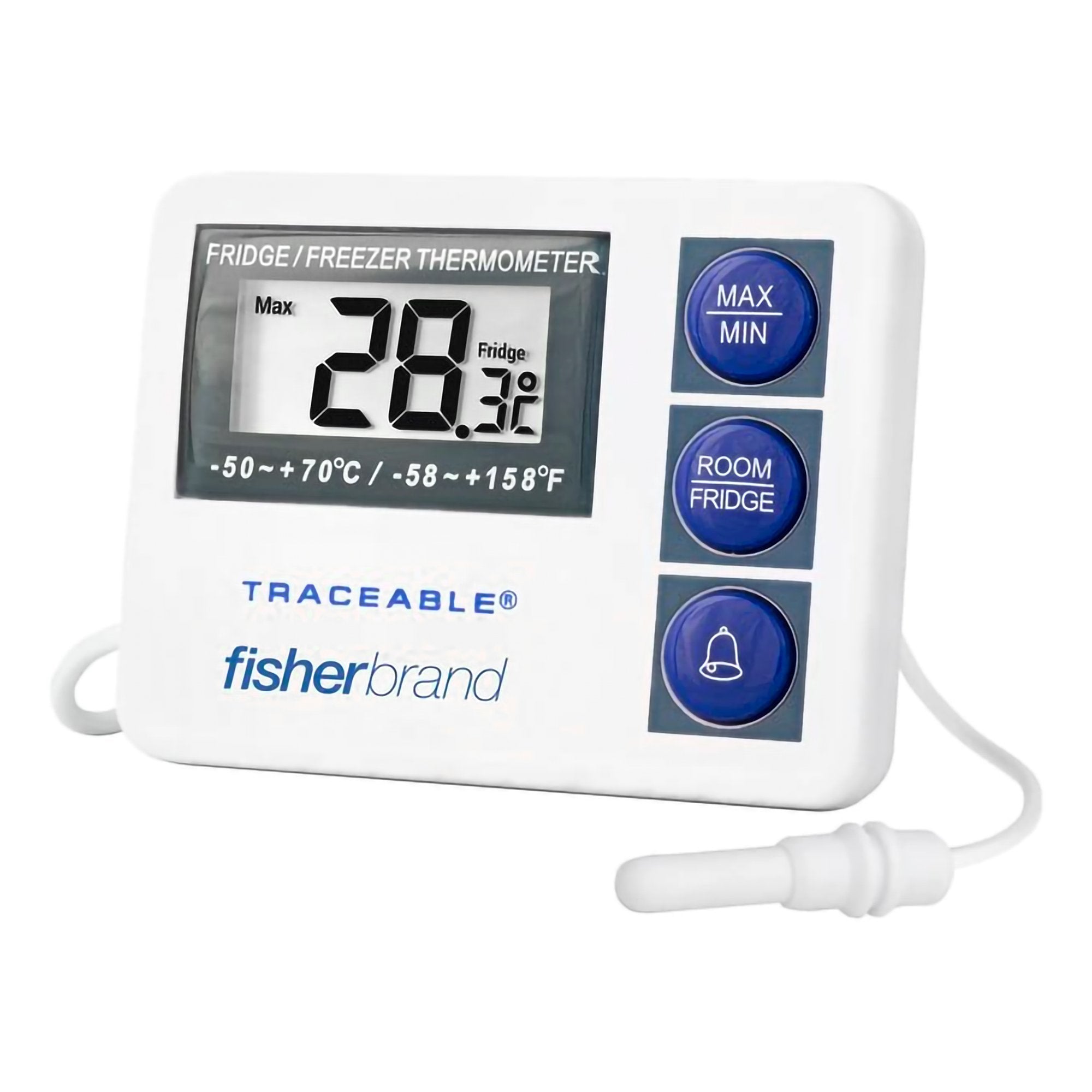Digital Refrigerator / Freezer Thermometer with Alarm Fisherbrand Fahrenheit / Celsius 58° to +158°F ( 50° to +70°C) External Probe Flip out Stand / Wall Mount Battery Operated