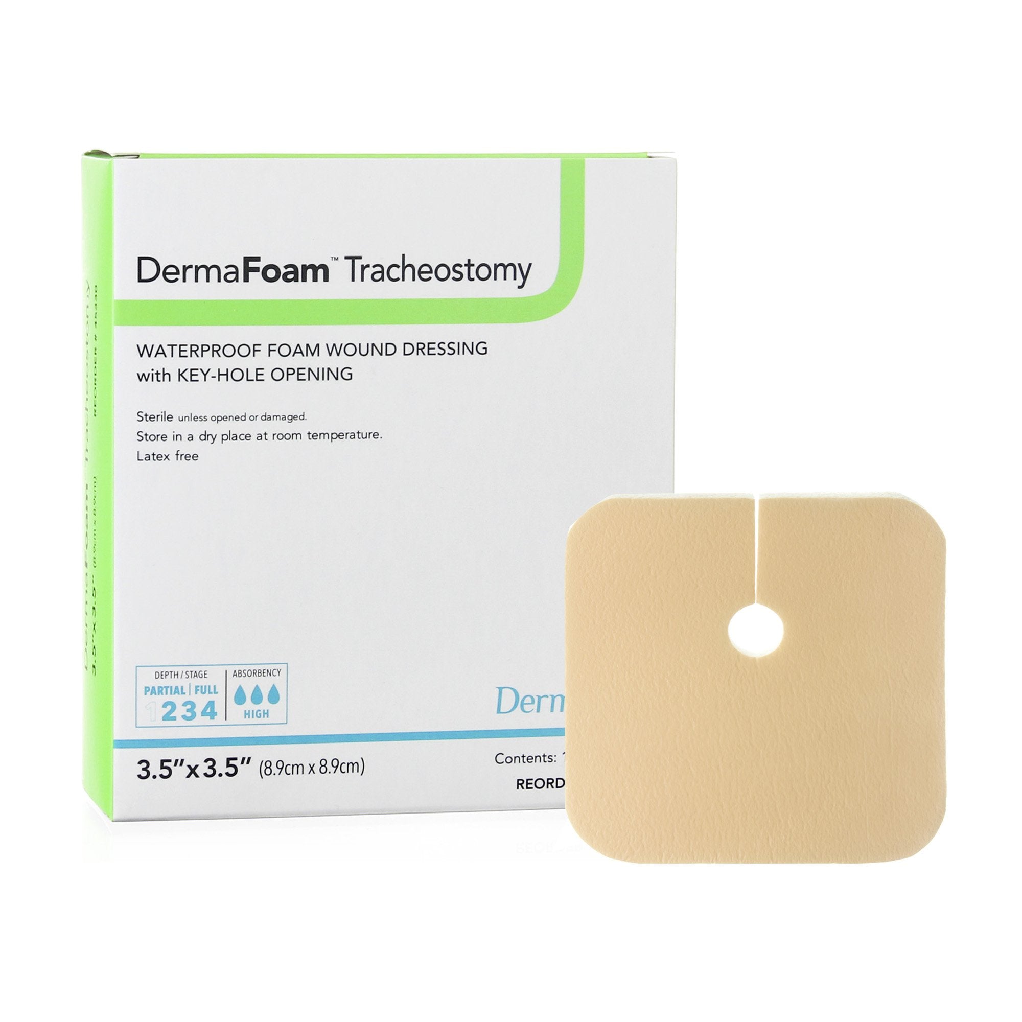 Foam Dressing DermaFoam Tracheostomy 3 1/2 X 3 1/2 Inch Without Border Waterproof Backing Nonadhesive Fenestrated Square Sterile