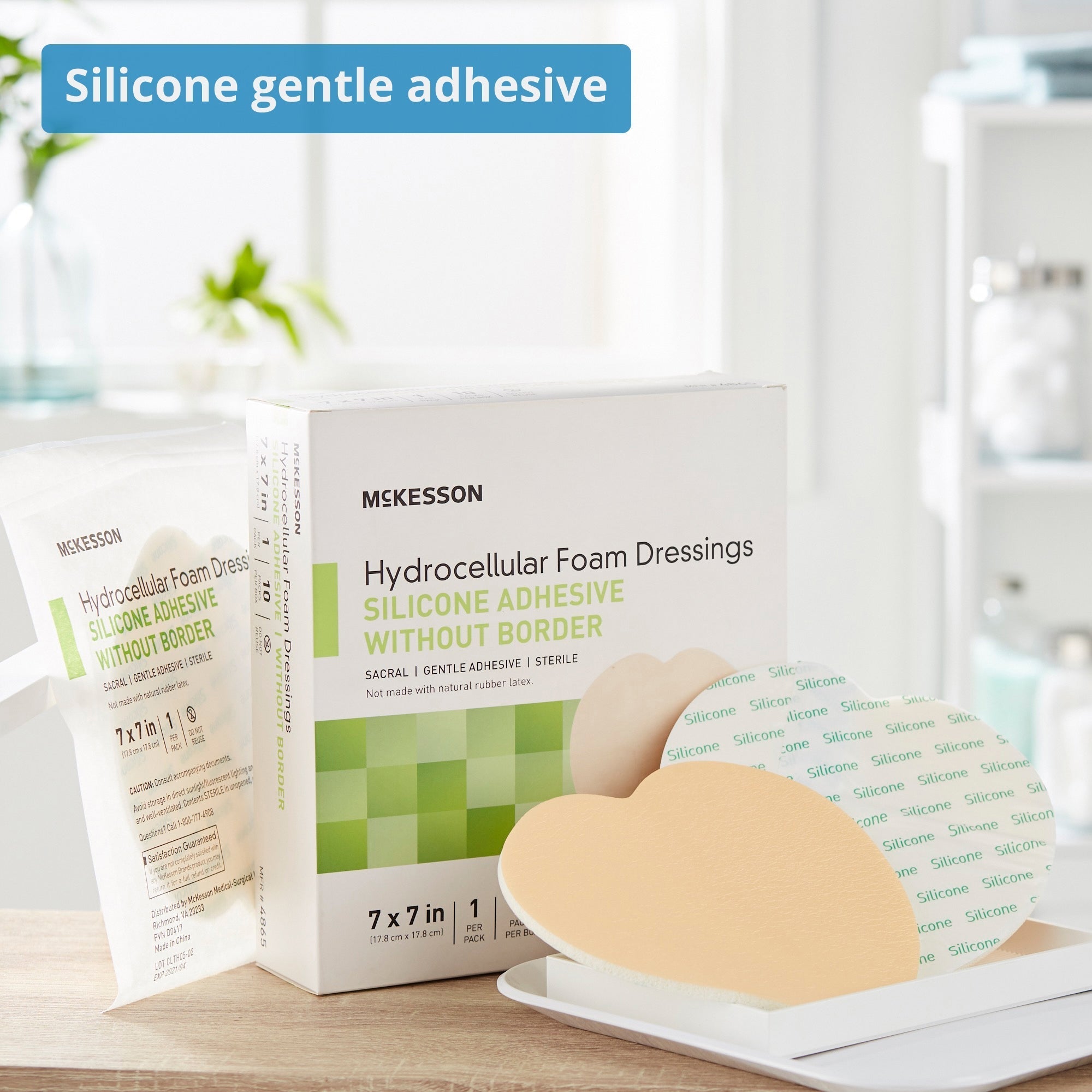 foam dressing mckesson 7 x 7 inch without border film backing silicone gel adhesive sacral sterile packaging type box