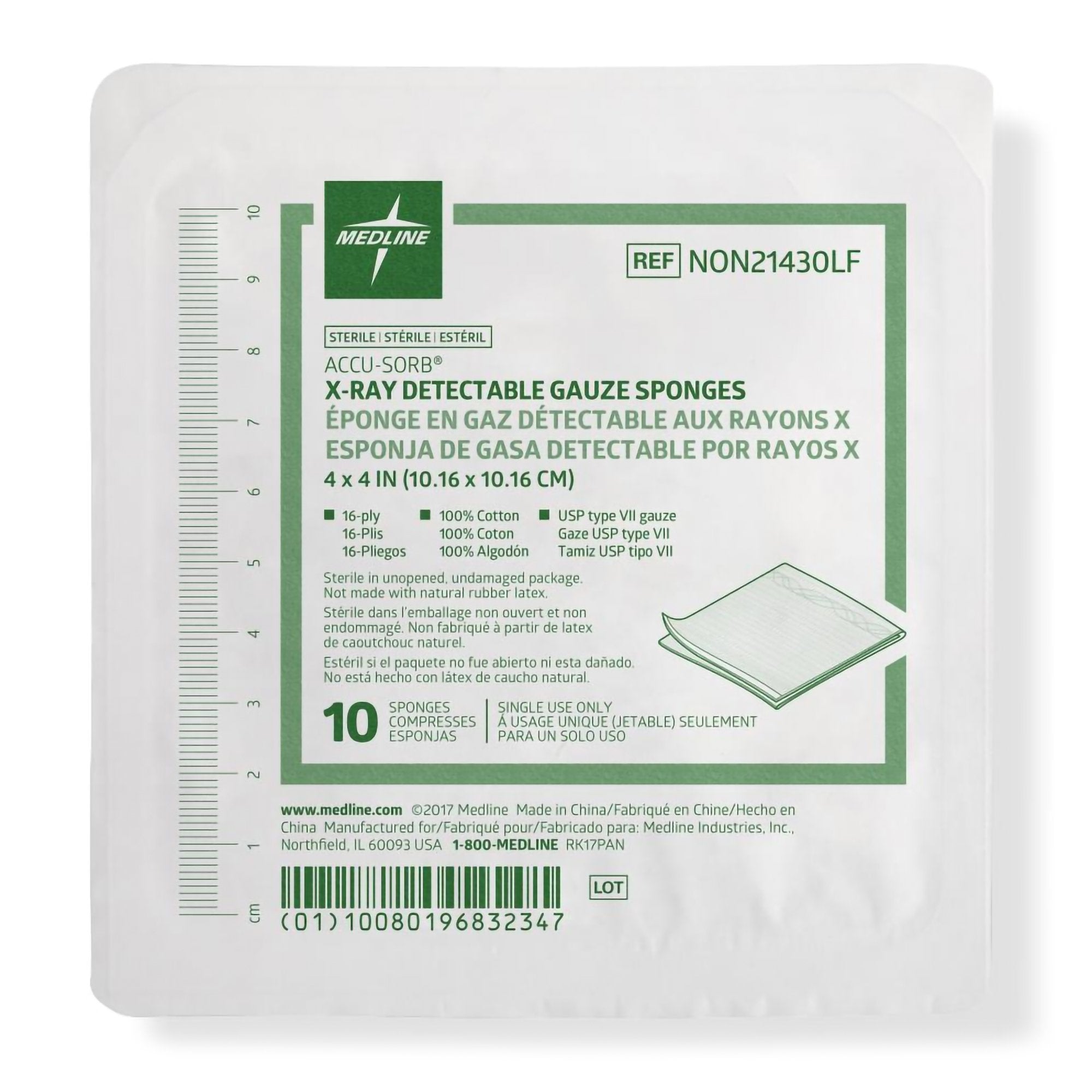 Gauze Sponge Medline 4 X 4 Inch 16 Ply Sterile X Ray Detectable 10 per Tray