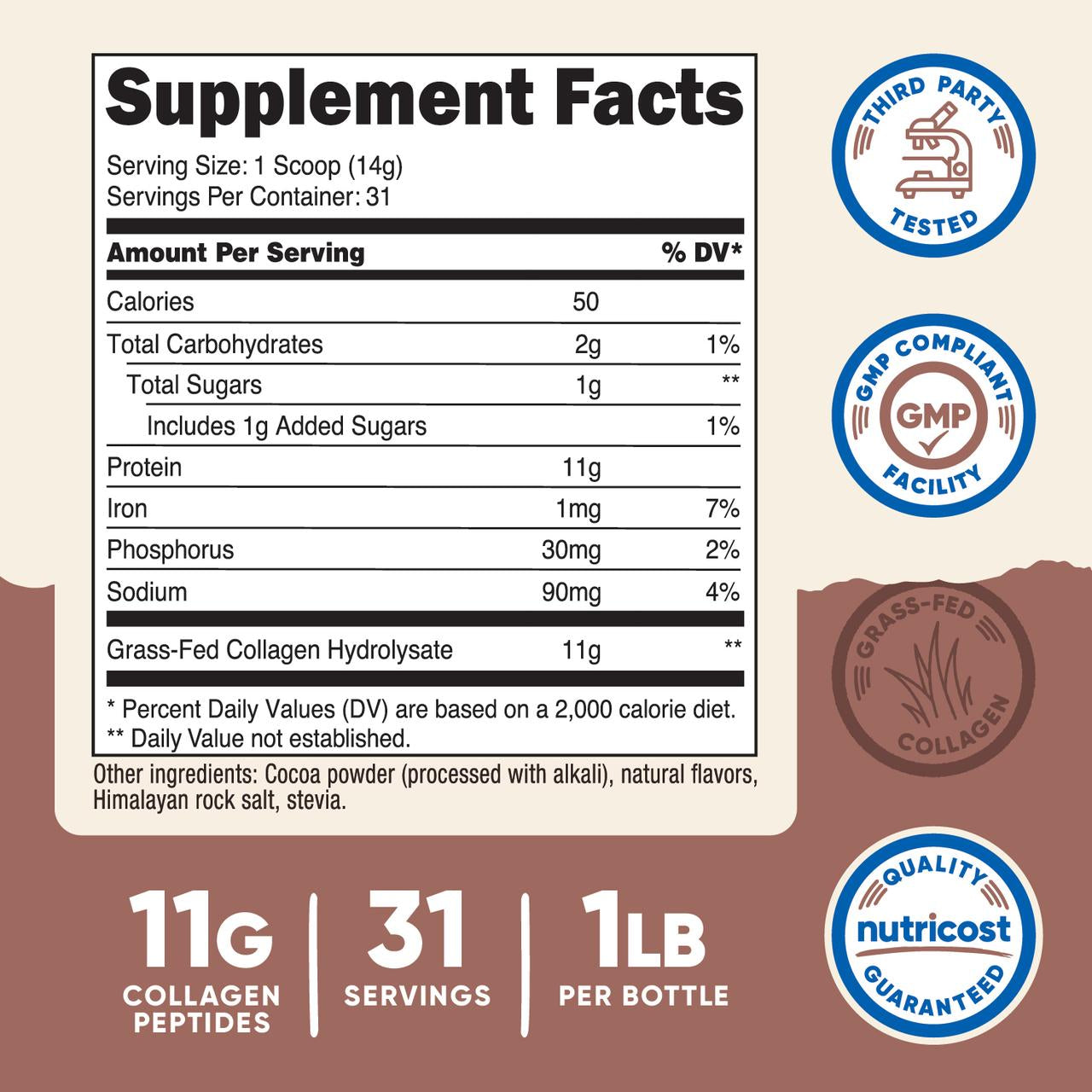 Grass Fed Collagen Powder 1LB (Chocolate)   Non Gmo, Gluten Free Supplement