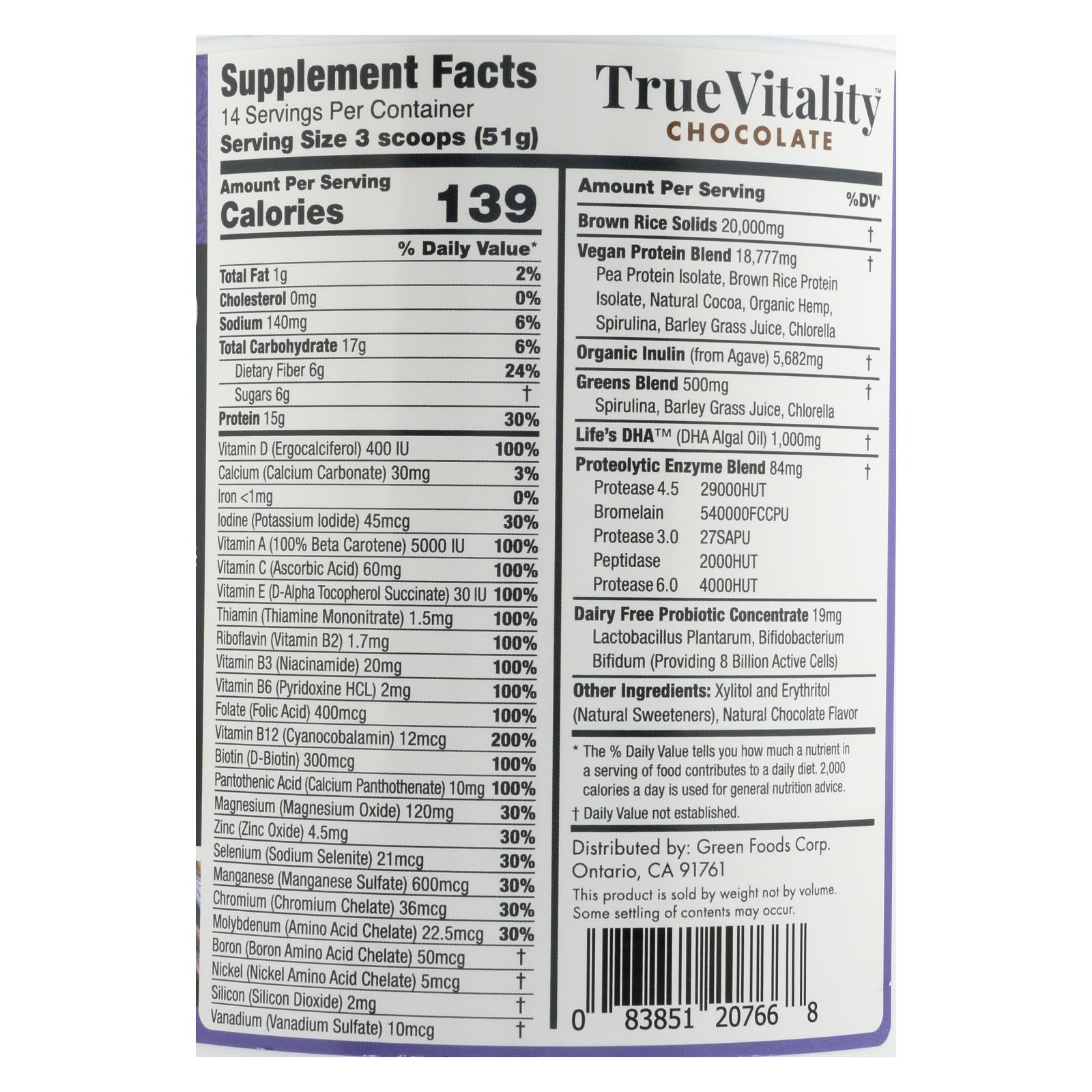green foods true vitality plant protein shake with dha chocolate 25 2 oz