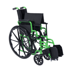 folded lightweight adult wheelchair with green frame and black seat, right angle